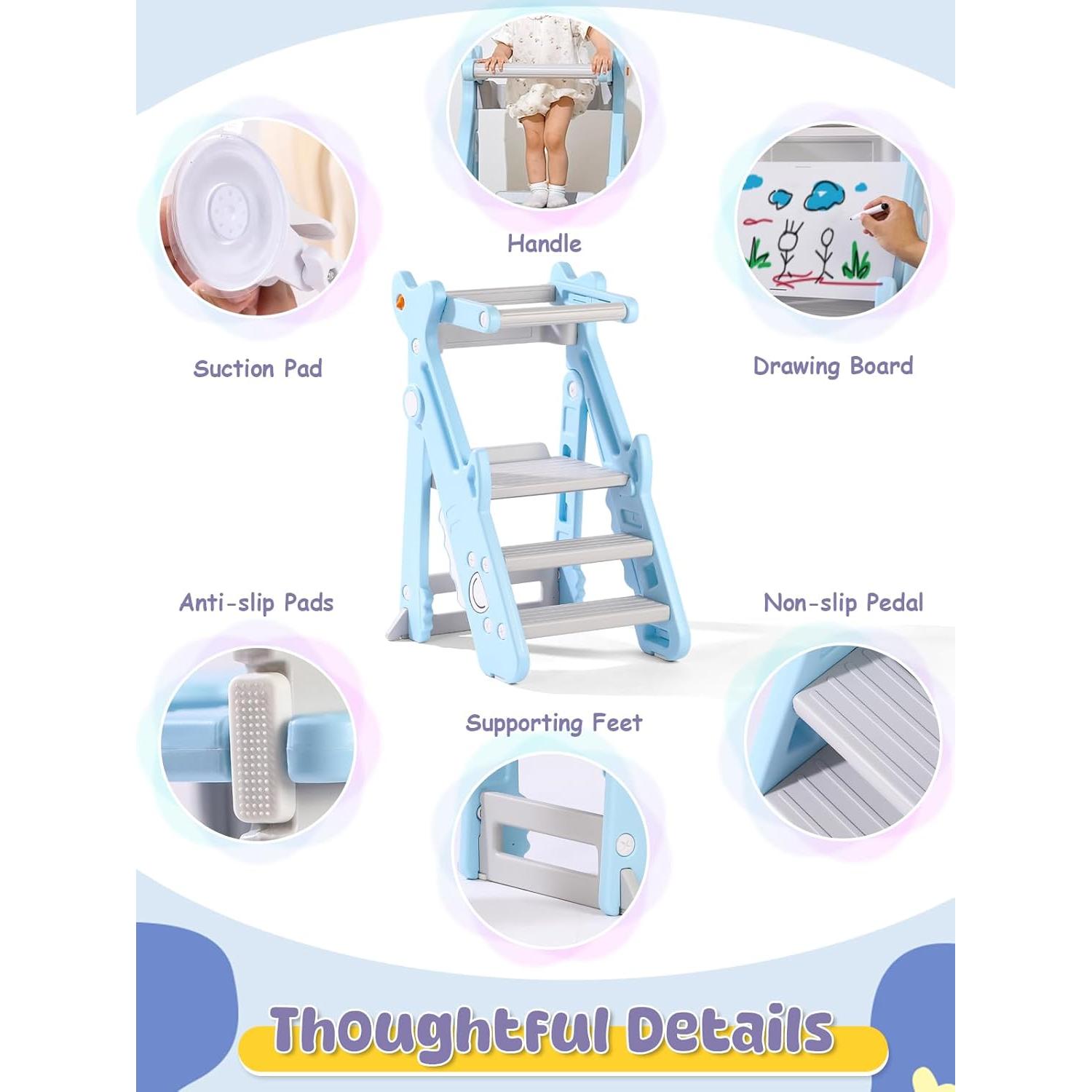 Torre Plegable para Niños VBABY, Taburete Ajustable Azul