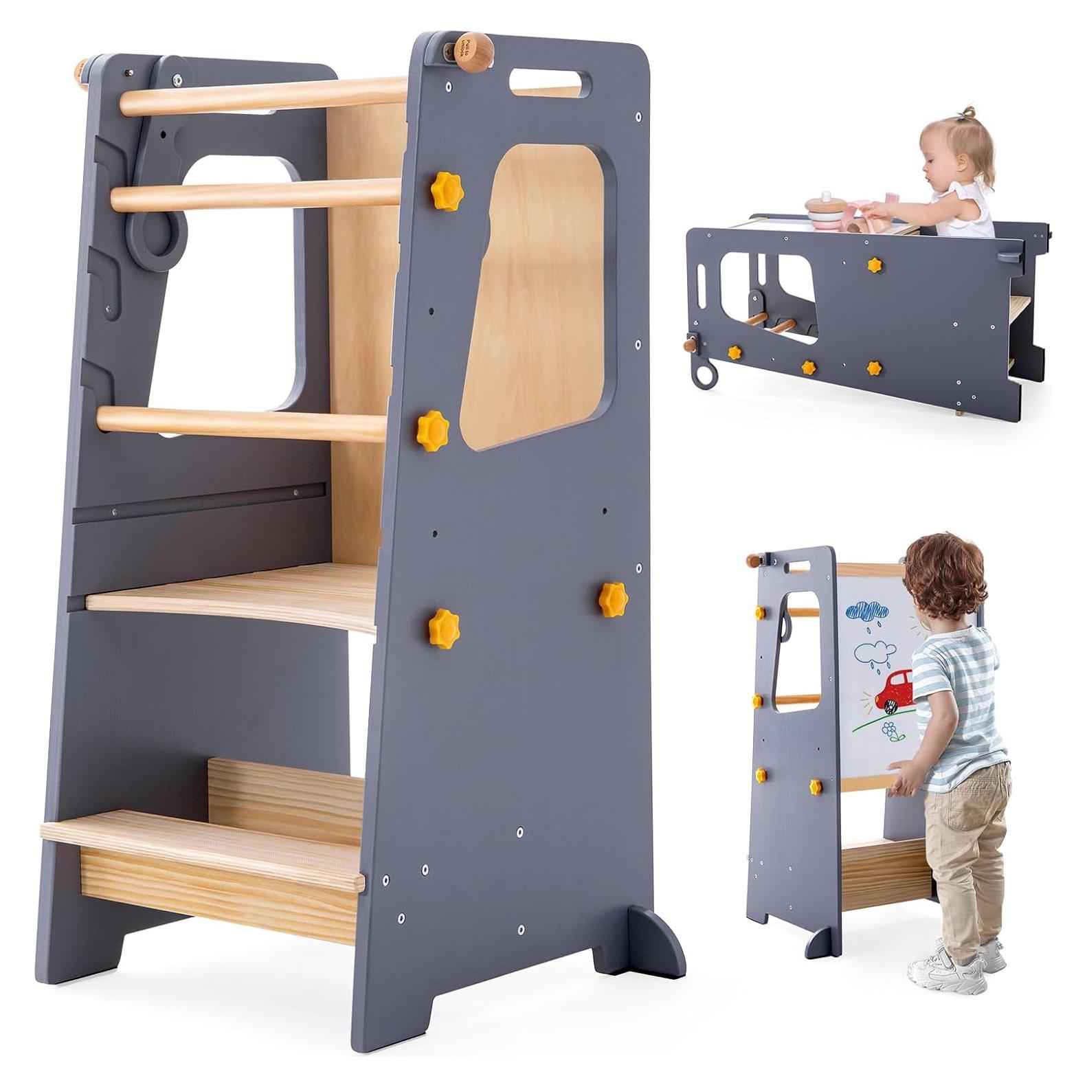 Torre de Cocina 4 en 1 Aokkto Gris, Taburete Ajustable para Niños