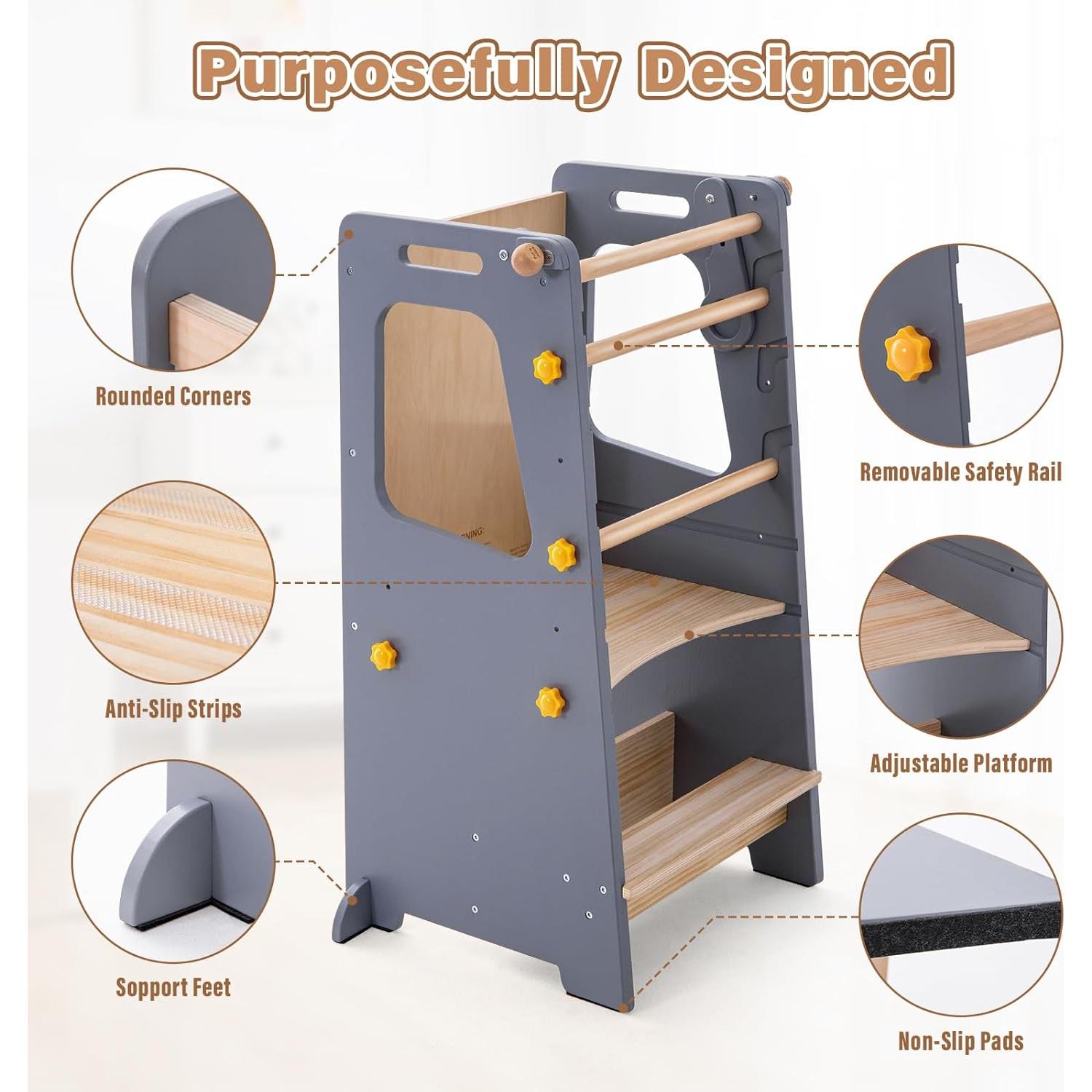 Torre de Cocina 4 en 1 Aokkto Gris, Taburete Ajustable para Niños