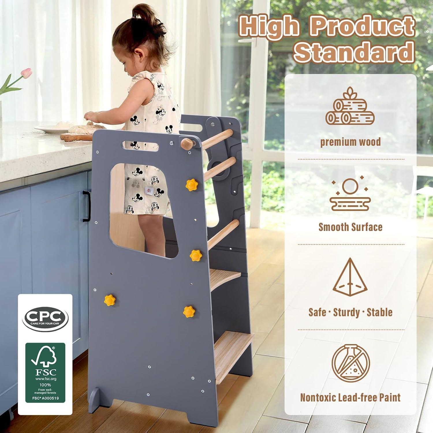 Torre de Cocina 4 en 1 Aokkto Gris, Taburete Ajustable para Niños