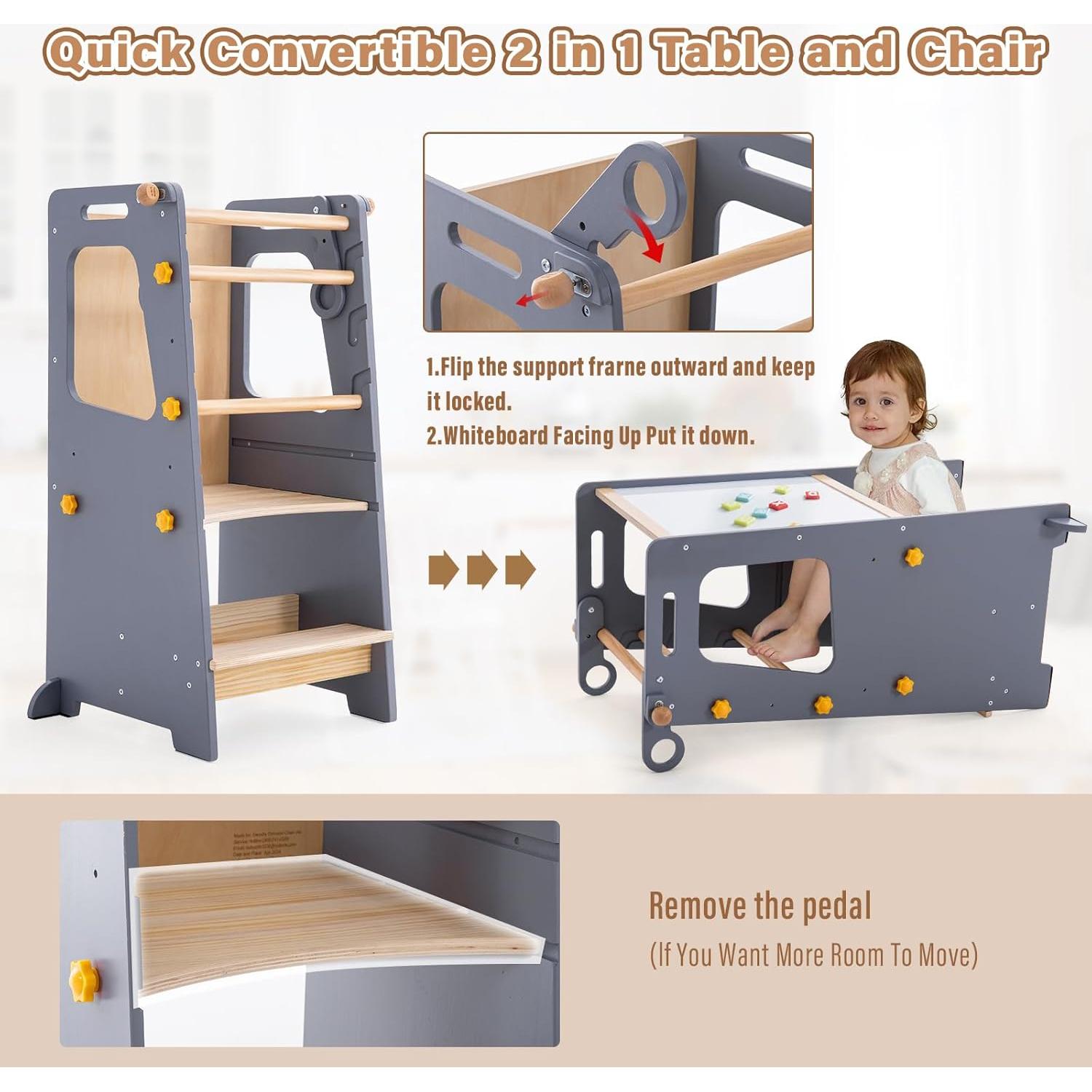 Torre de Cocina 4 en 1 Aokkto Gris, Taburete Ajustable para Niños