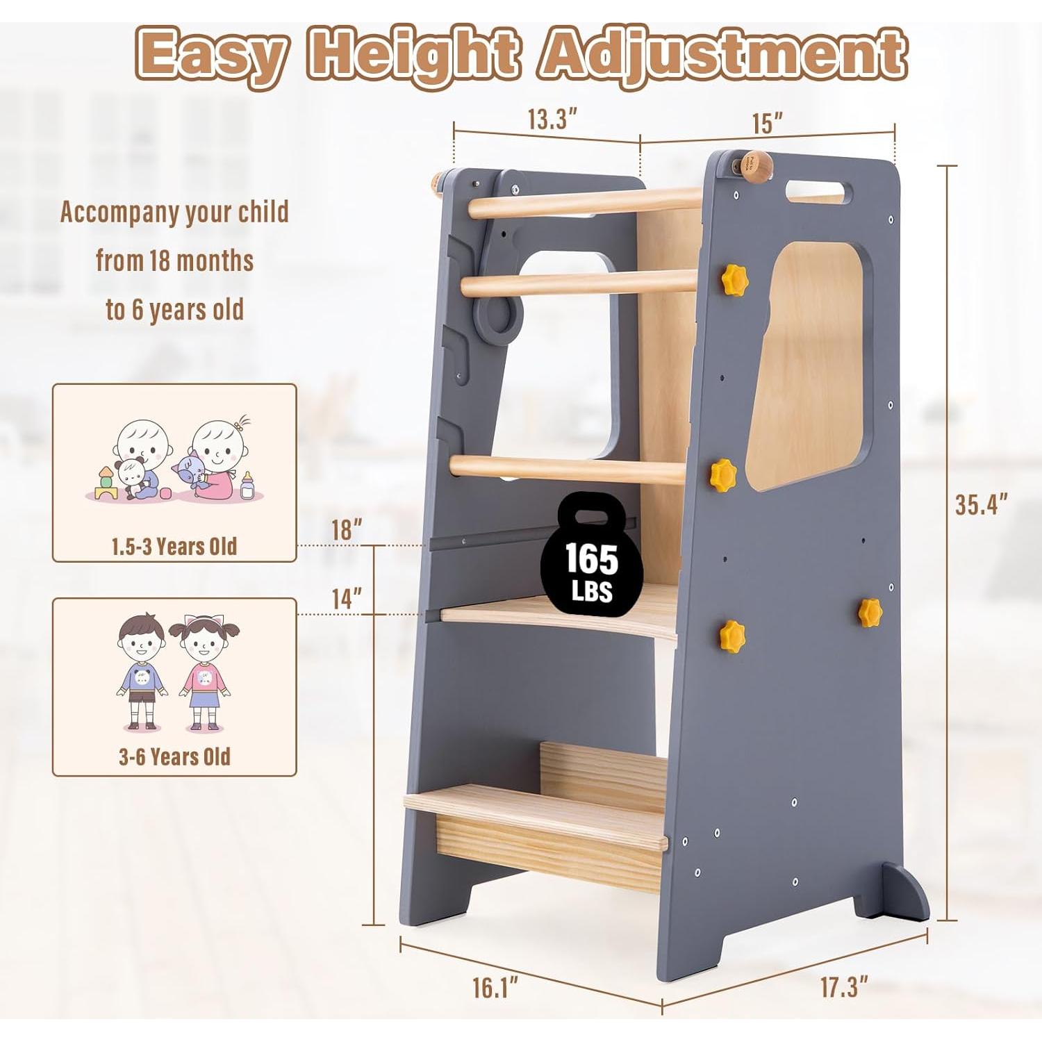 Torre de Cocina 4 en 1 Aokkto Gris, Taburete Ajustable para Niños