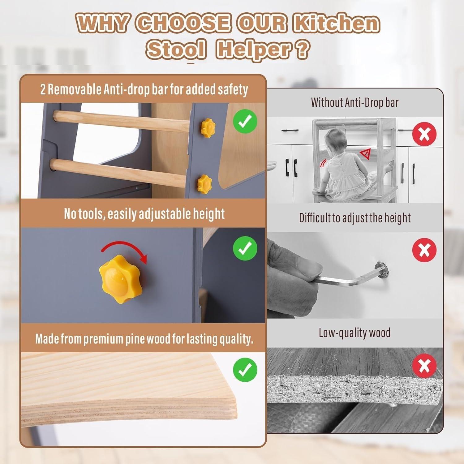 Torre de Cocina 4 en 1 Aokkto Gris, Taburete Ajustable para Niños