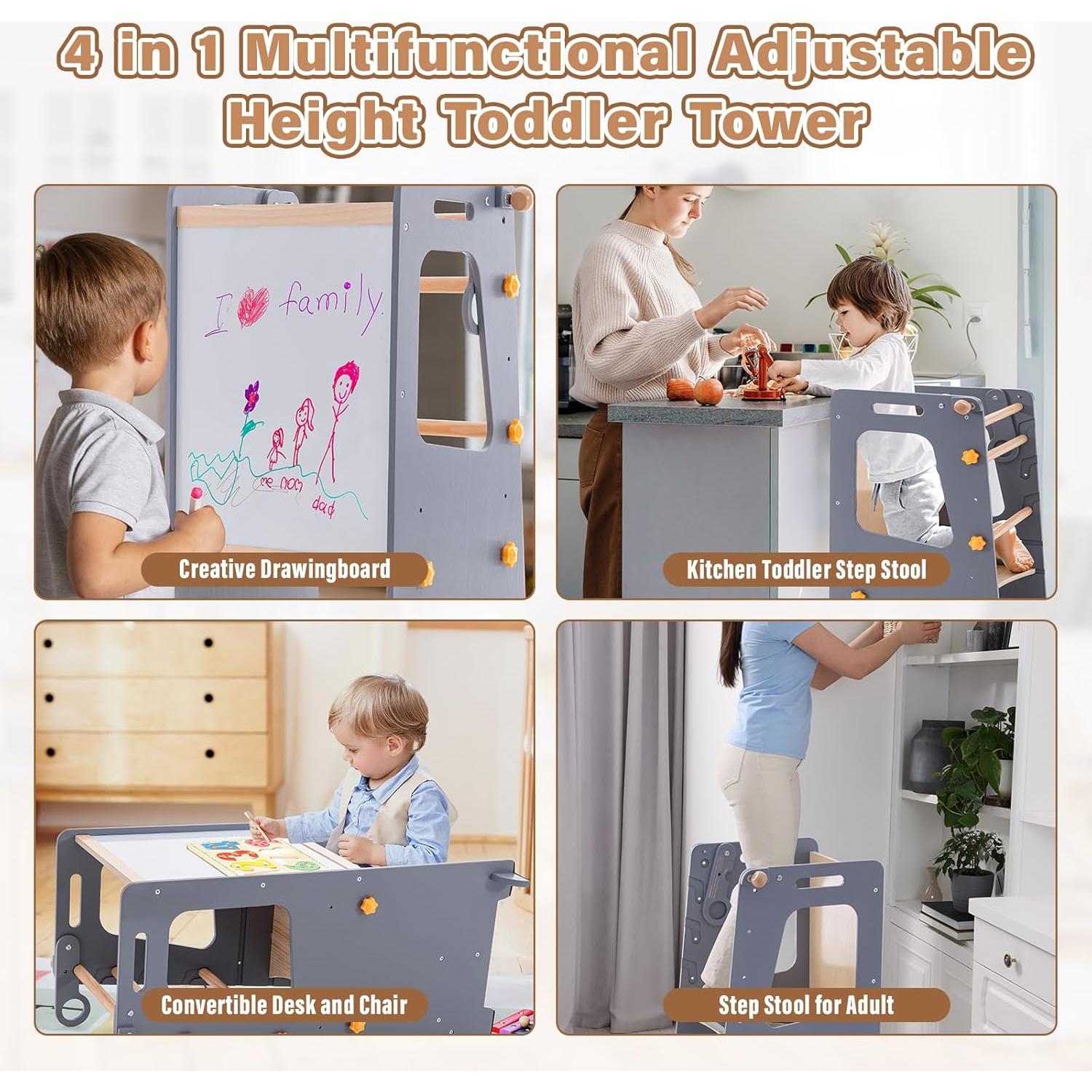 Torre de Cocina 4 en 1 Aokkto Gris, Taburete Ajustable para Niños