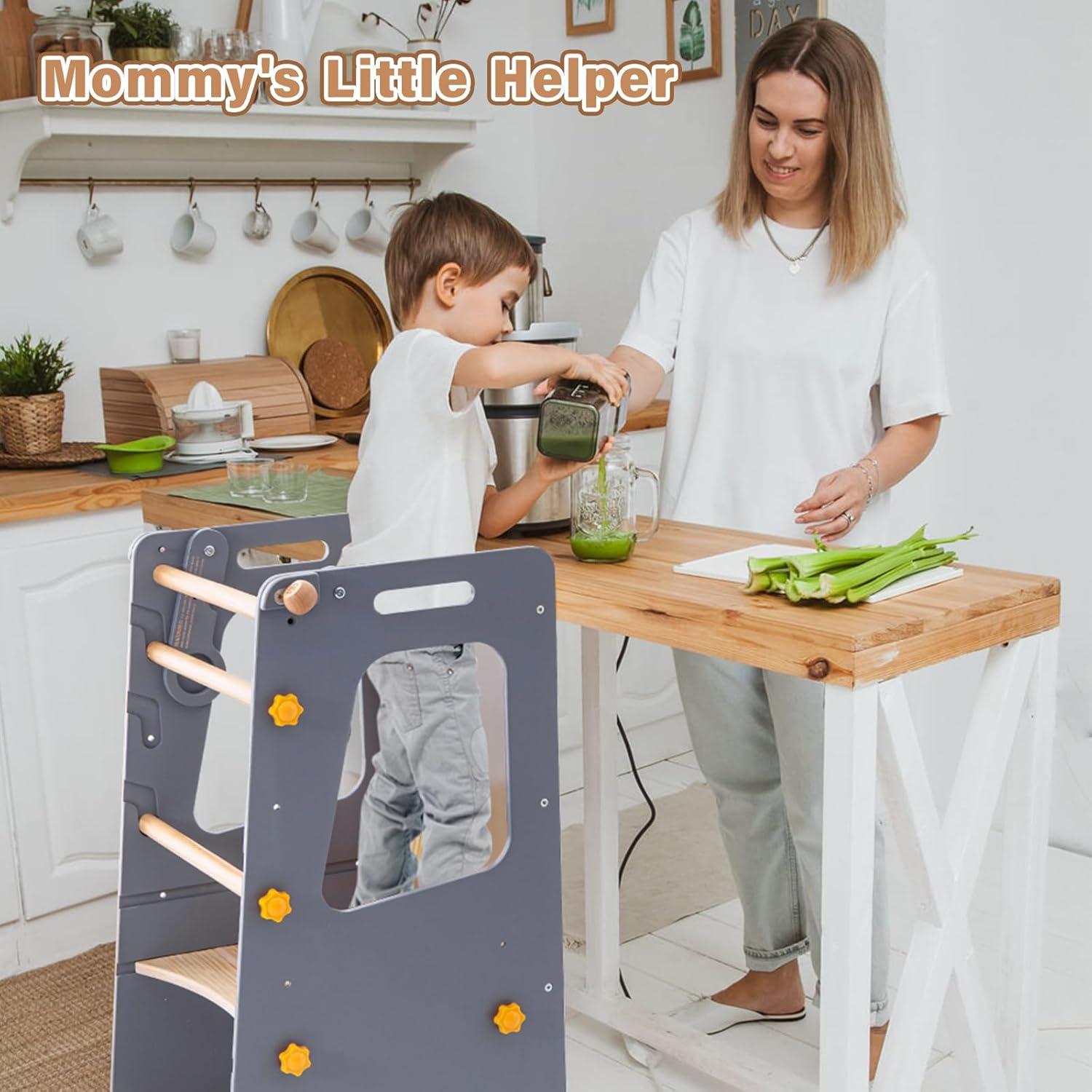 Torre de Cocina 4 en 1 Aokkto Gris, Taburete Ajustable para Niños