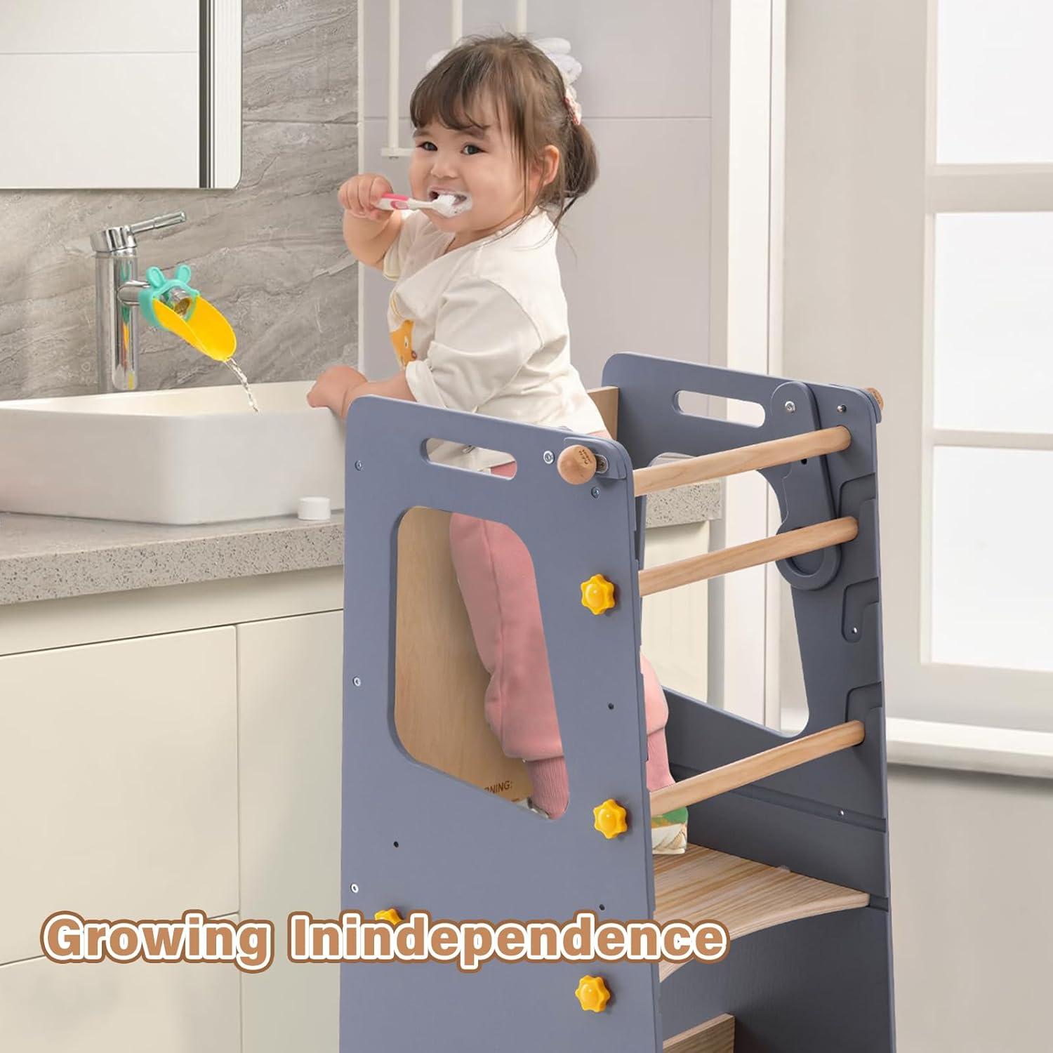 Torre de Cocina 4 en 1 Aokkto Gris, Taburete Ajustable para Niños
