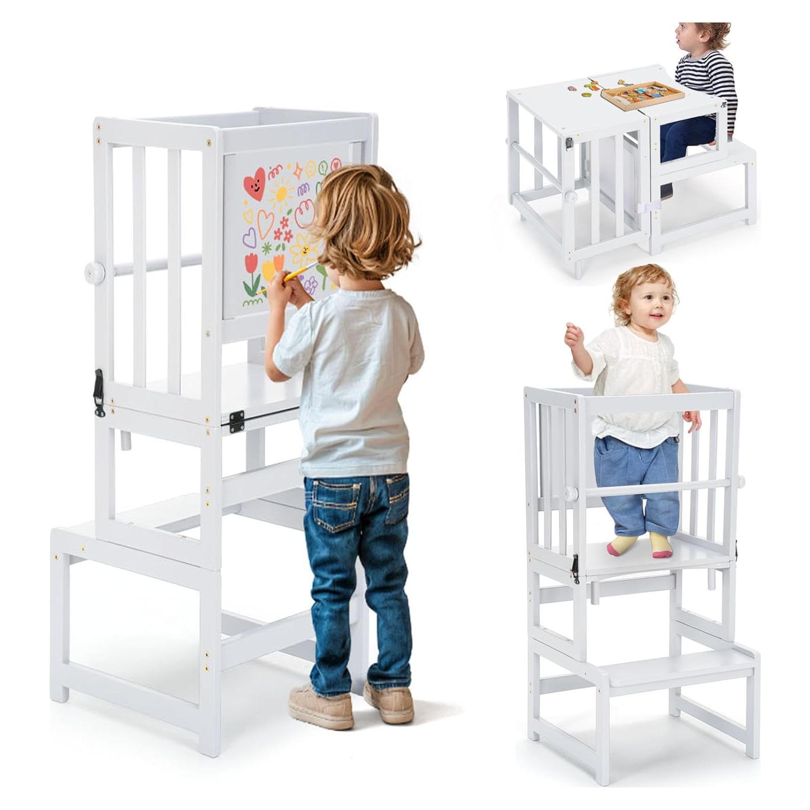 Torre de Pie Multifuncional COSYLAND 3 en 1 para Niños - Taburete de Cocina con Pizarra