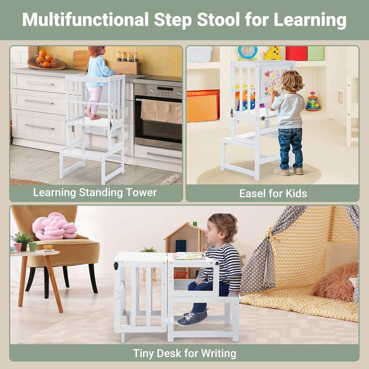 Torre de Pie Multifuncional COSYLAND 3 en 1 para Niños - Taburete de Cocina con Pizarra