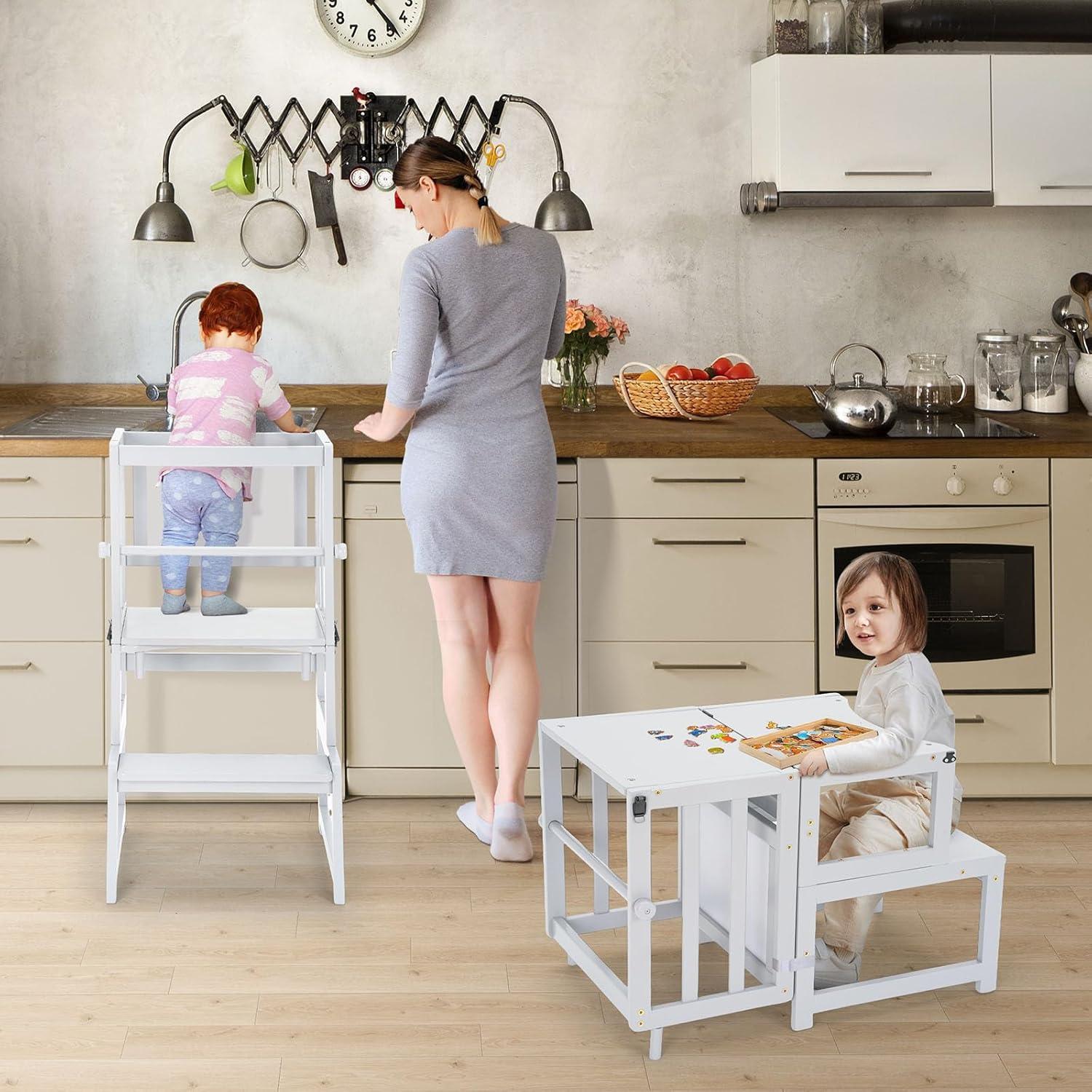 Torre de Pie Multifuncional COSYLAND 3 en 1 para Niños - Taburete de Cocina con Pizarra