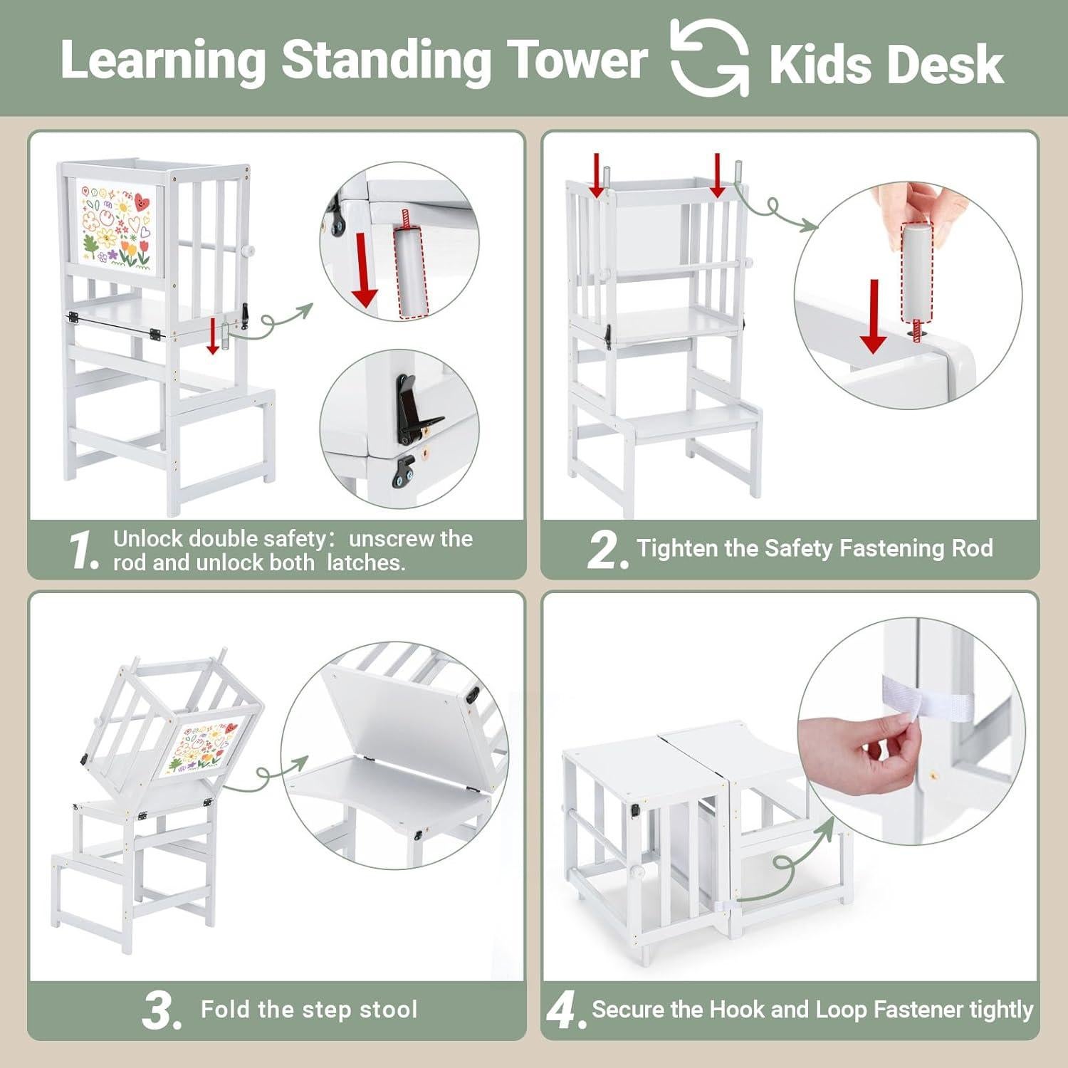 Torre de Pie Multifuncional COSYLAND 3 en 1 para Niños - Taburete de Cocina con Pizarra