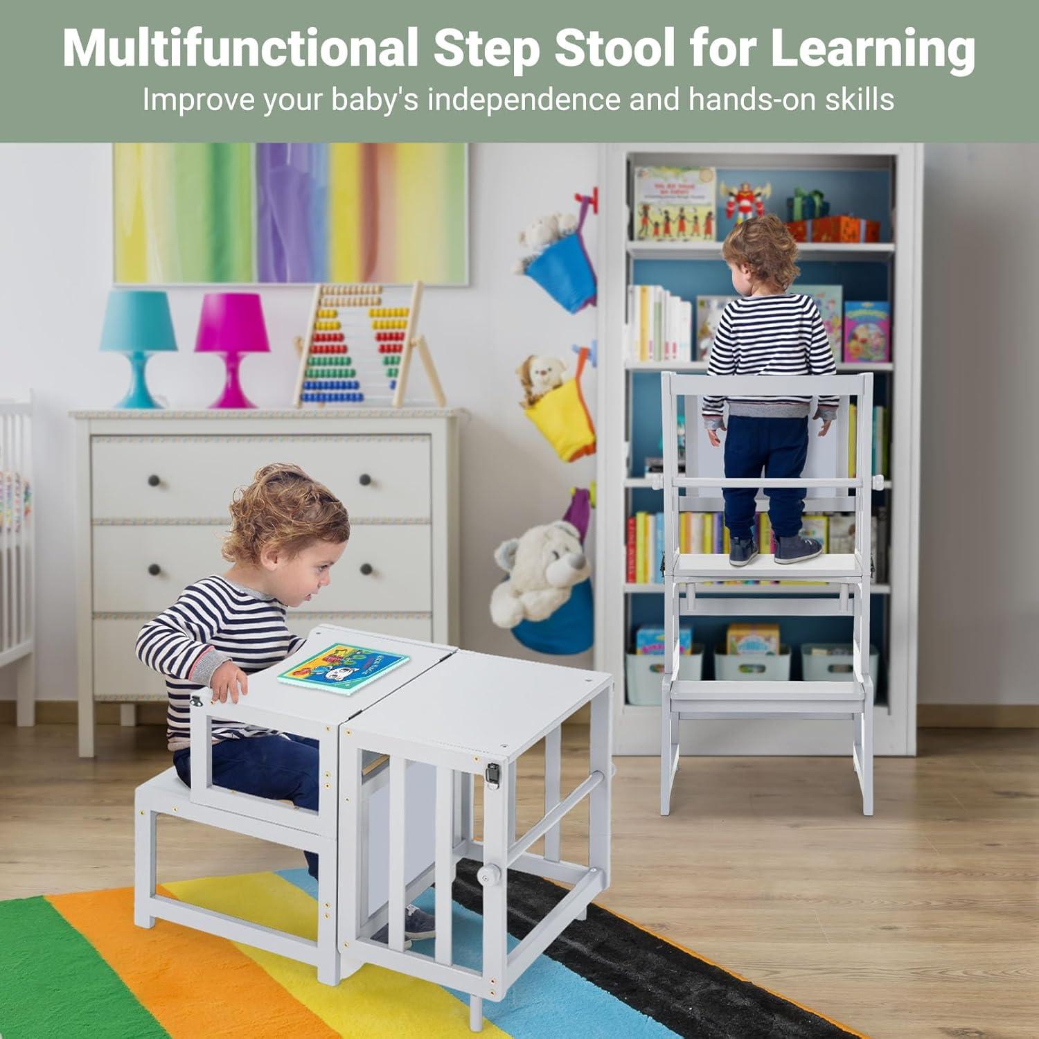 Torre de Pie Multifuncional COSYLAND 3 en 1 para Niños - Taburete de Cocina con Pizarra