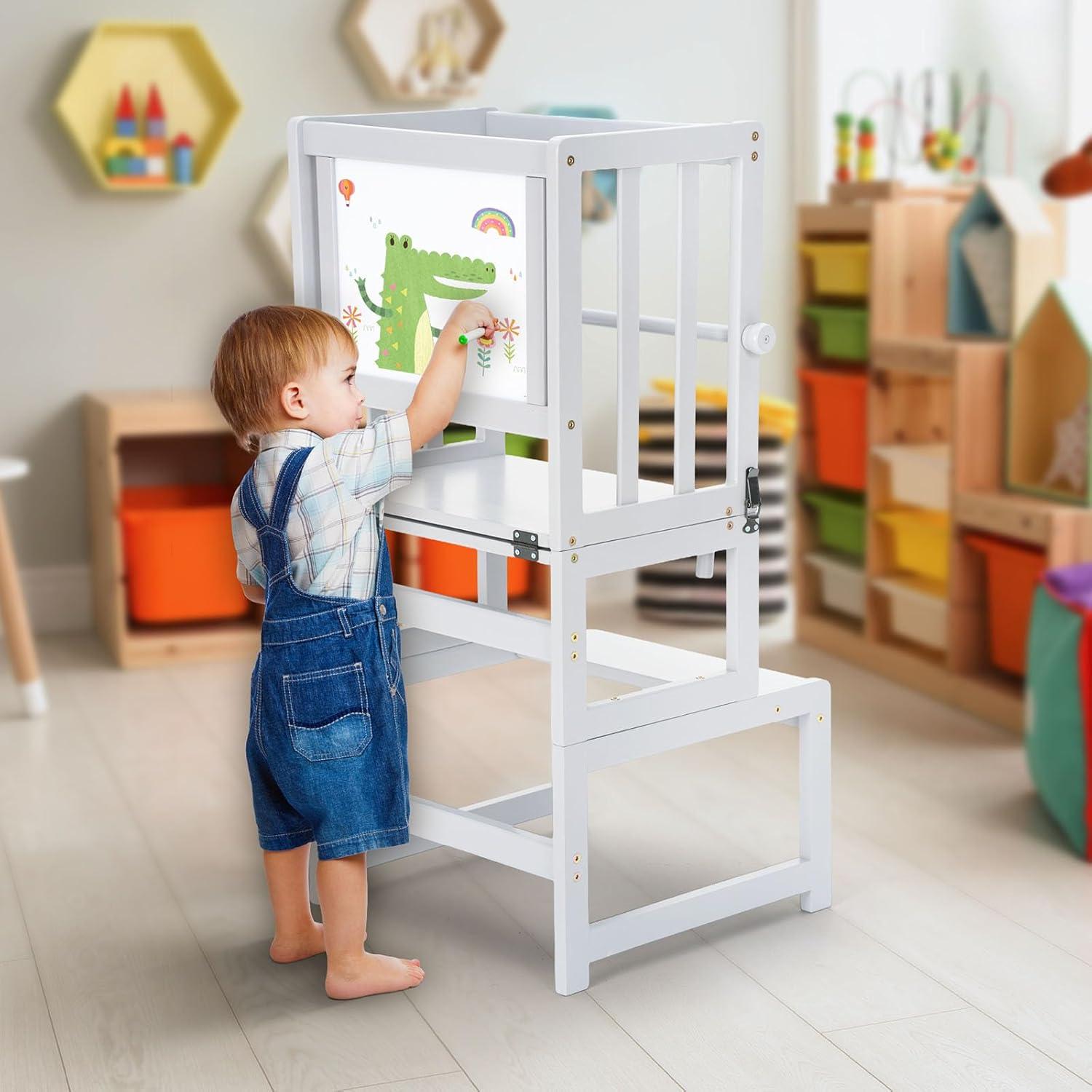 Torre de Pie Multifuncional COSYLAND 3 en 1 para Niños - Taburete de Cocina con Pizarra