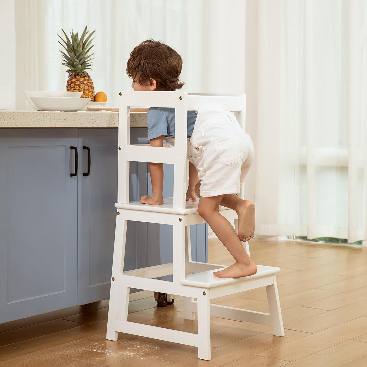 Escalera de cocina Montessori Joylico para niños - Madera blanca