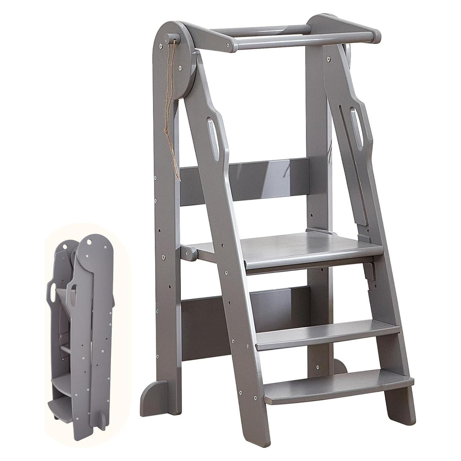 Taburete de Cocina Plegable FUNLIO Gris, Altura Ajustable 3 Niveles