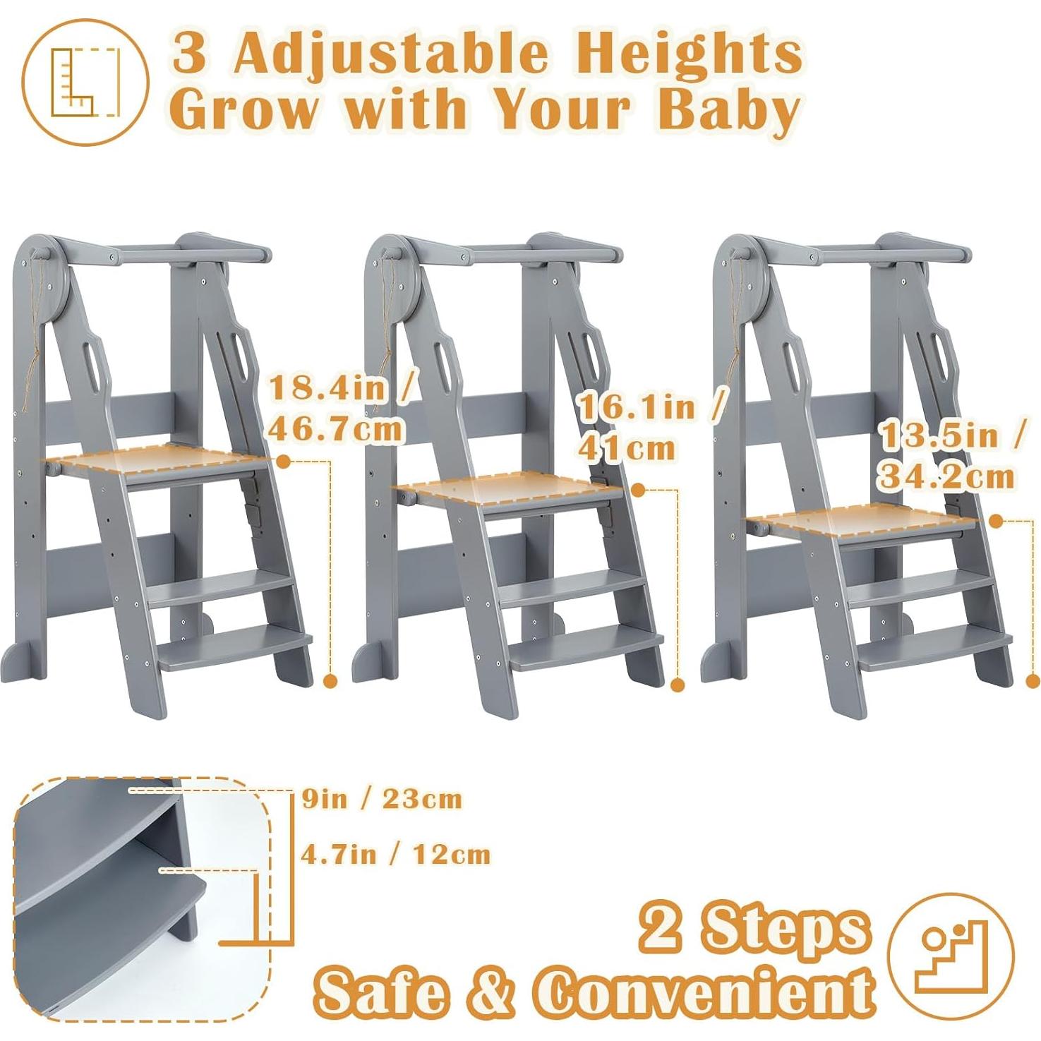 Taburete de Cocina Plegable FUNLIO Gris, Altura Ajustable 3 Niveles