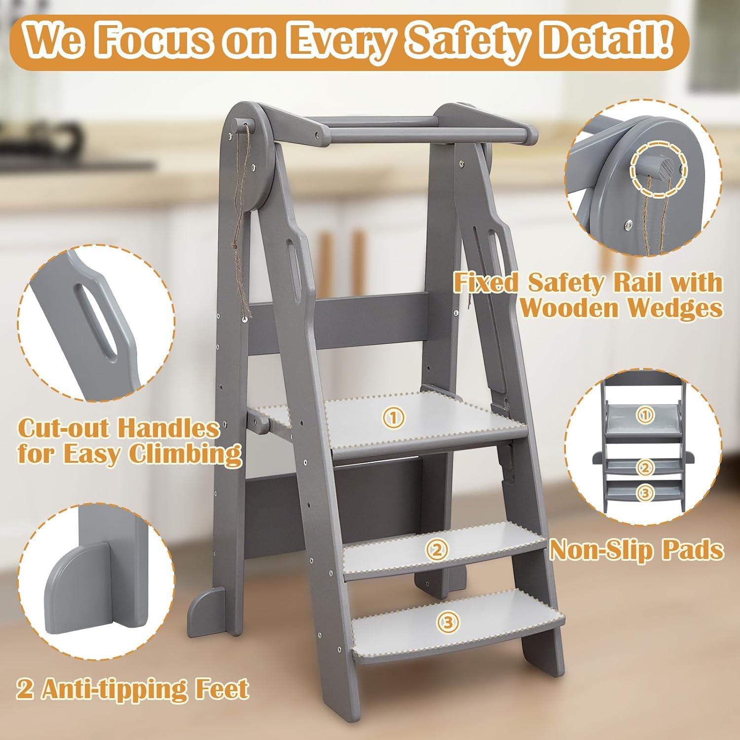 Taburete de Cocina Plegable FUNLIO Gris, Altura Ajustable 3 Niveles