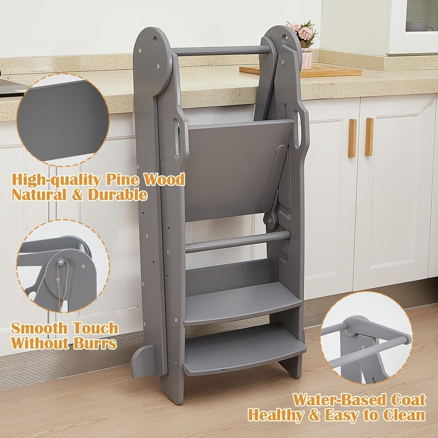 Taburete de Cocina Plegable FUNLIO Gris, Altura Ajustable 3 Niveles