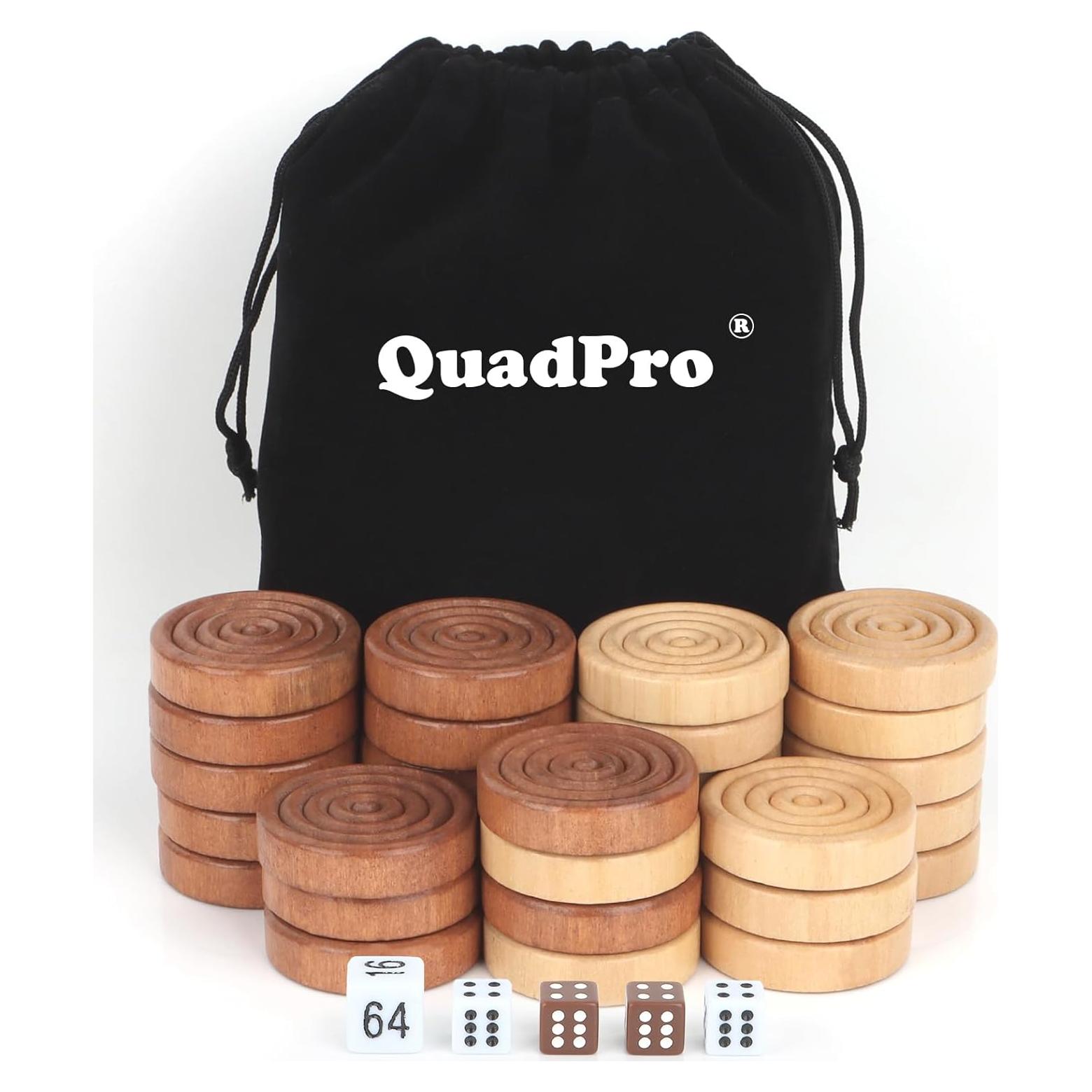 Piezas de Damas de Madera QuadPro - 30 Piezas y 5 Dados