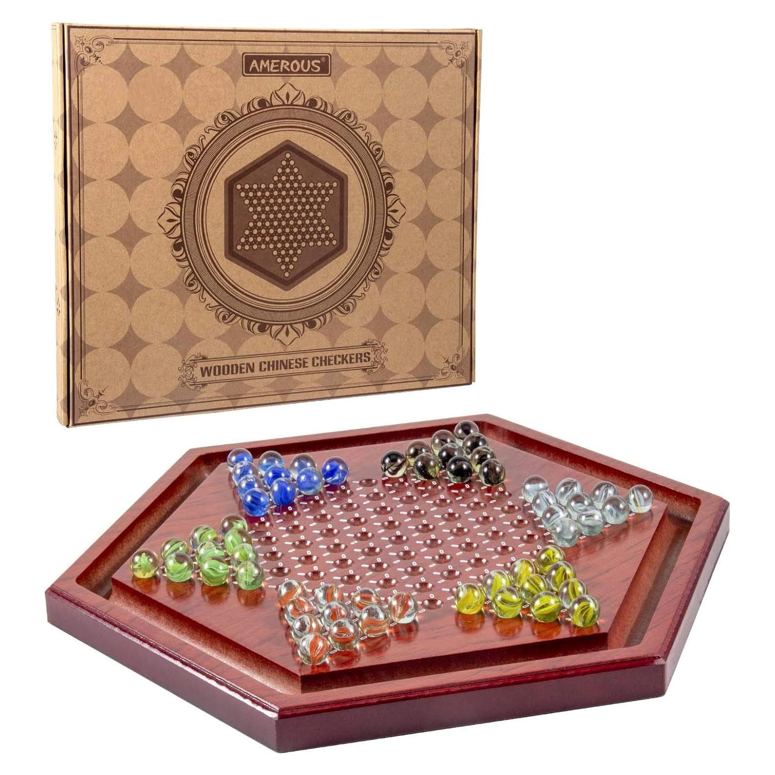 Juego de Damas Chinas de Madera AMEROUS 34.5 cm con 60 Canicas