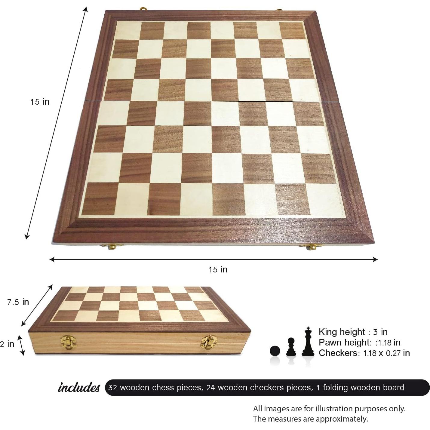 Juego de Damas y Ajedrez de Madera ERLLE 38.1 cm Plegable