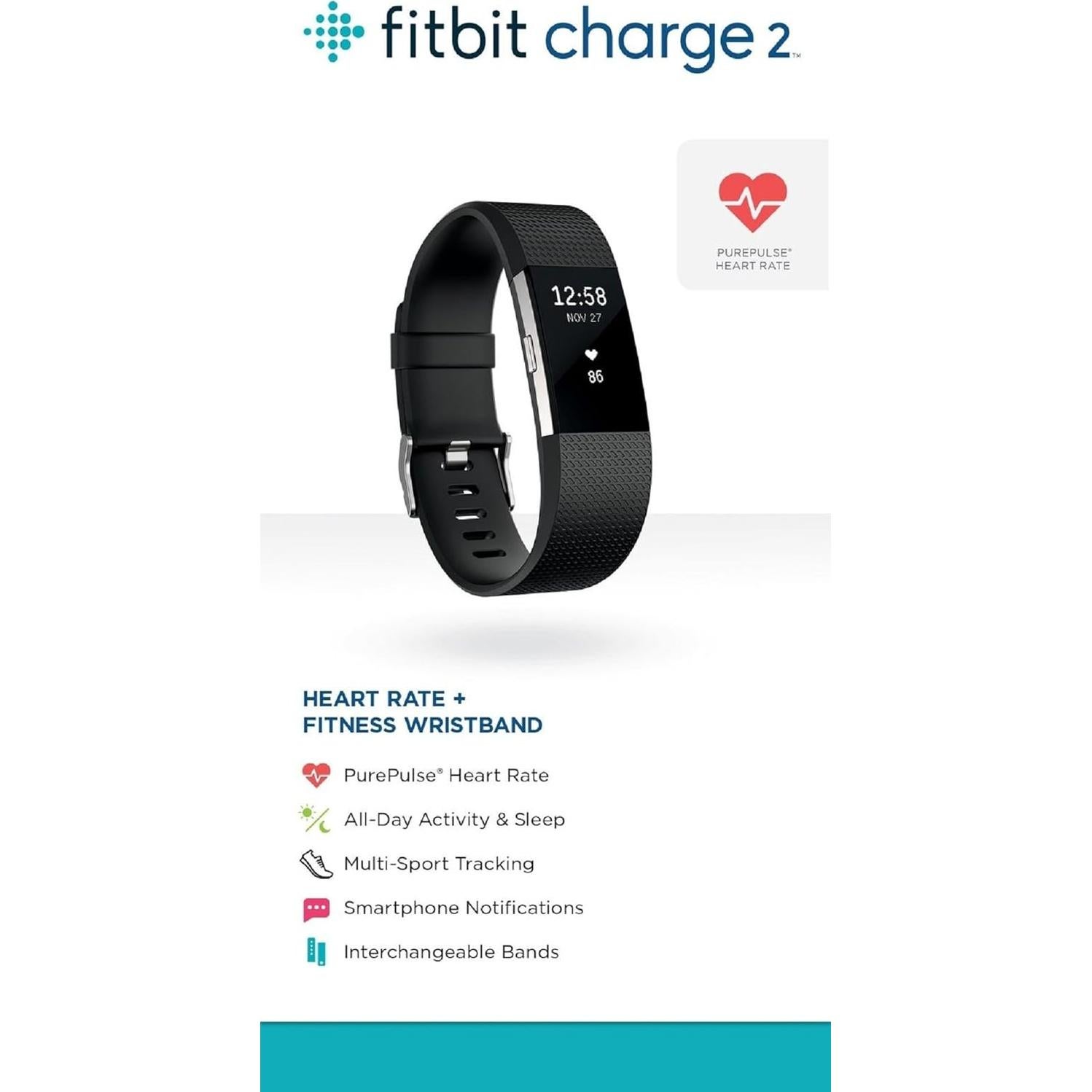 Fitbit Charge 2 Heart Rate + Fitness Wristband Black Large (Renewed)