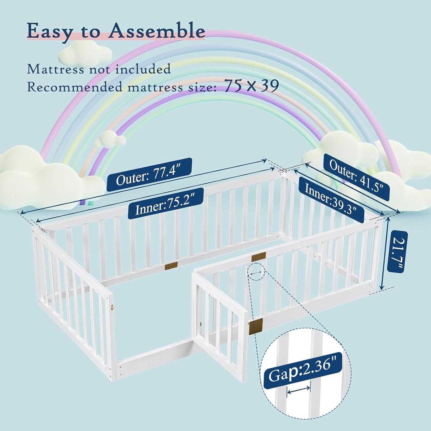 Cama Montessori Tatub Twin Blanca con Barandillas Altas