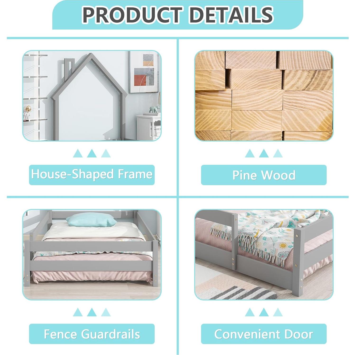 Cama Twin Dolonm Montessori con Techo y Barandillas de Seguridad