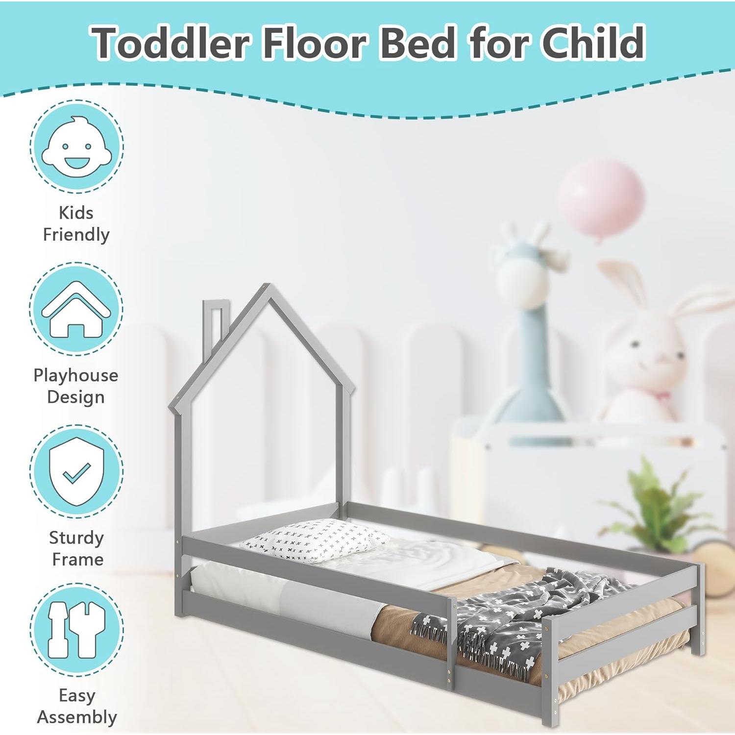 Cama Twin Dolonm Montessori con Techo y Barandillas de Seguridad