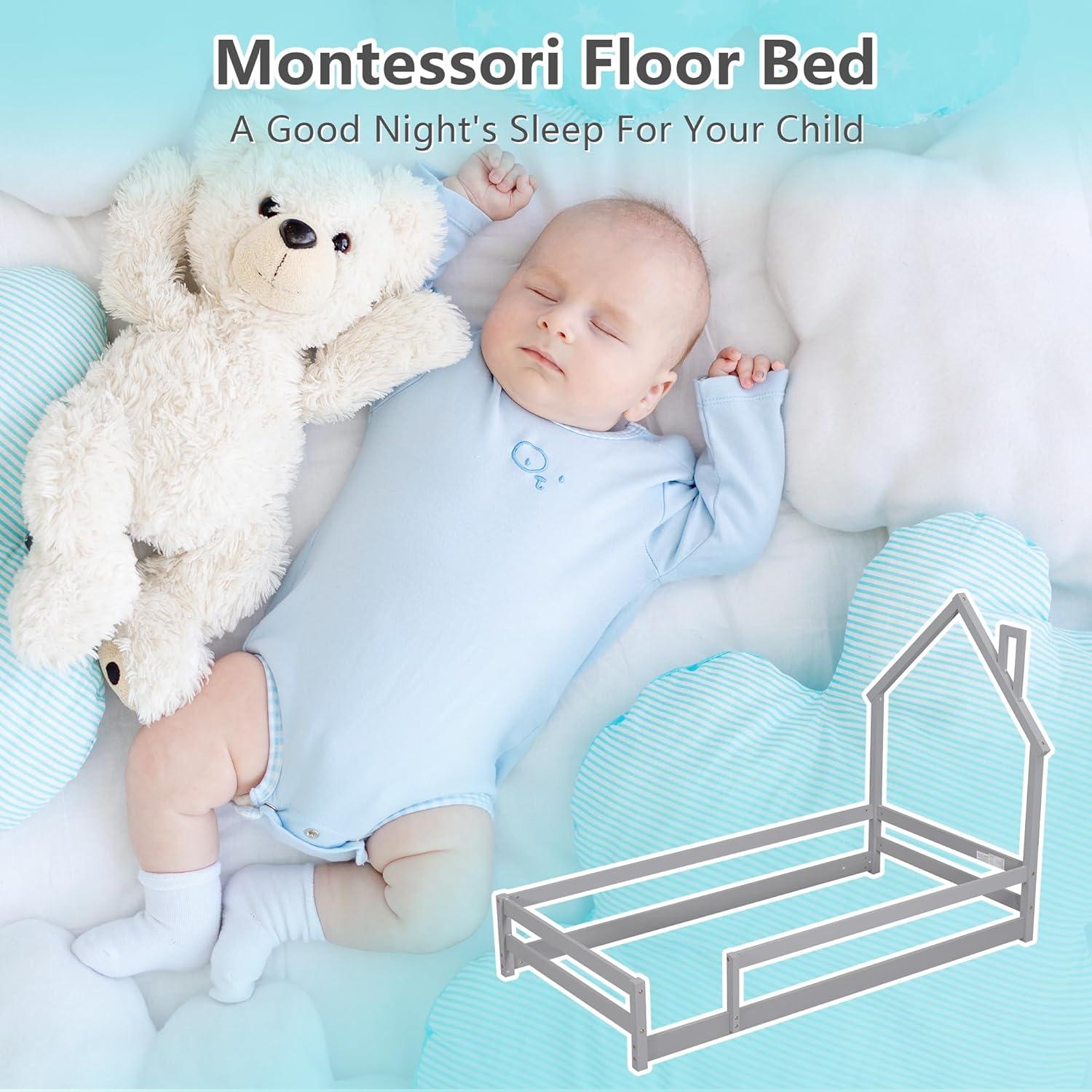 Cama Twin Dolonm Montessori con Techo y Barandillas de Seguridad