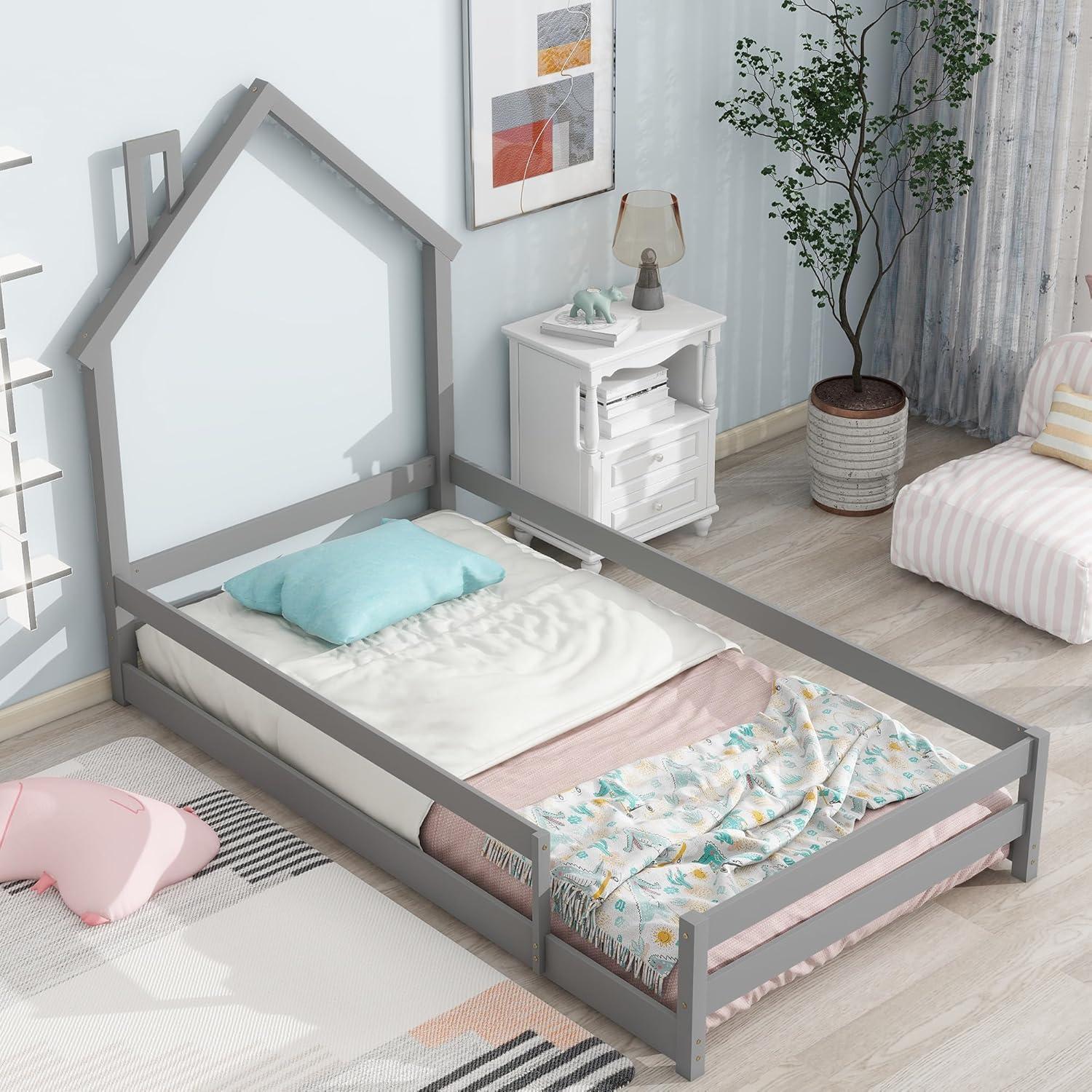 Cama Twin Dolonm Montessori con Techo y Barandillas de Seguridad