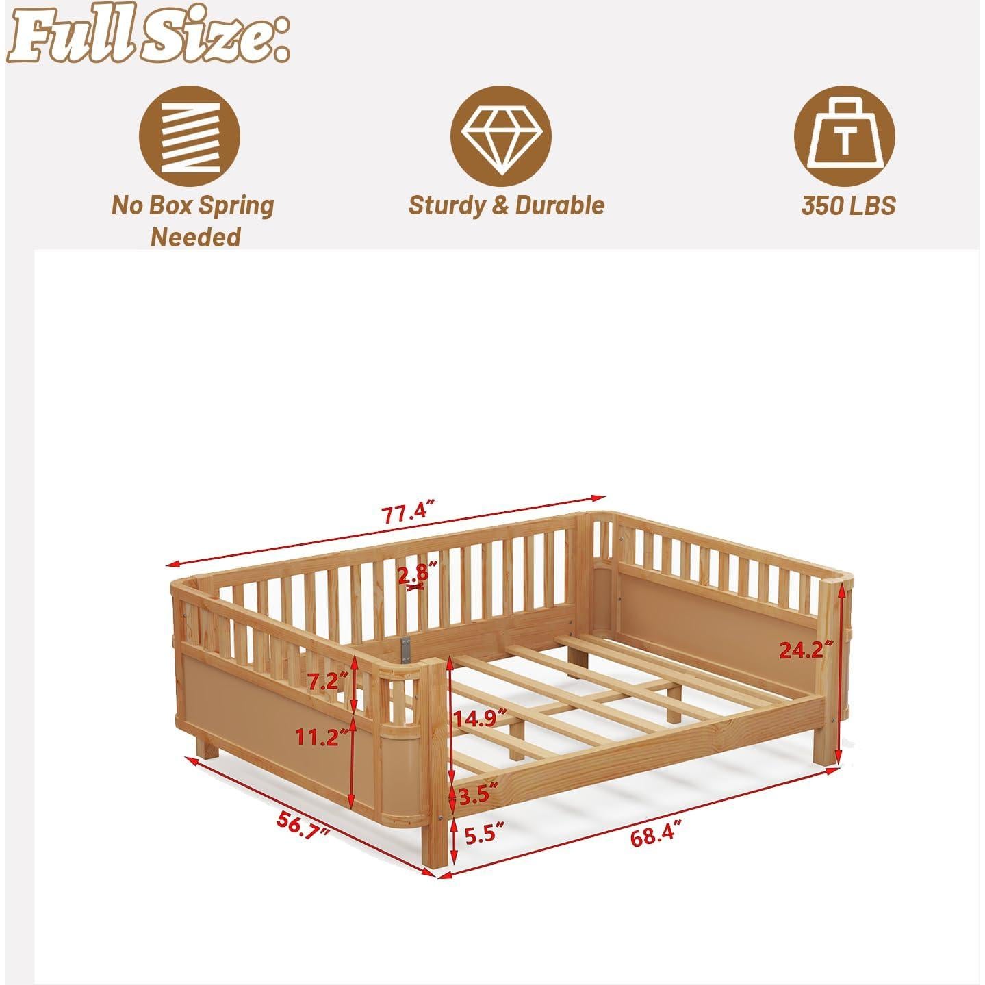 Cama Montessori Completa OYUMOENTS Natural con Barandillas