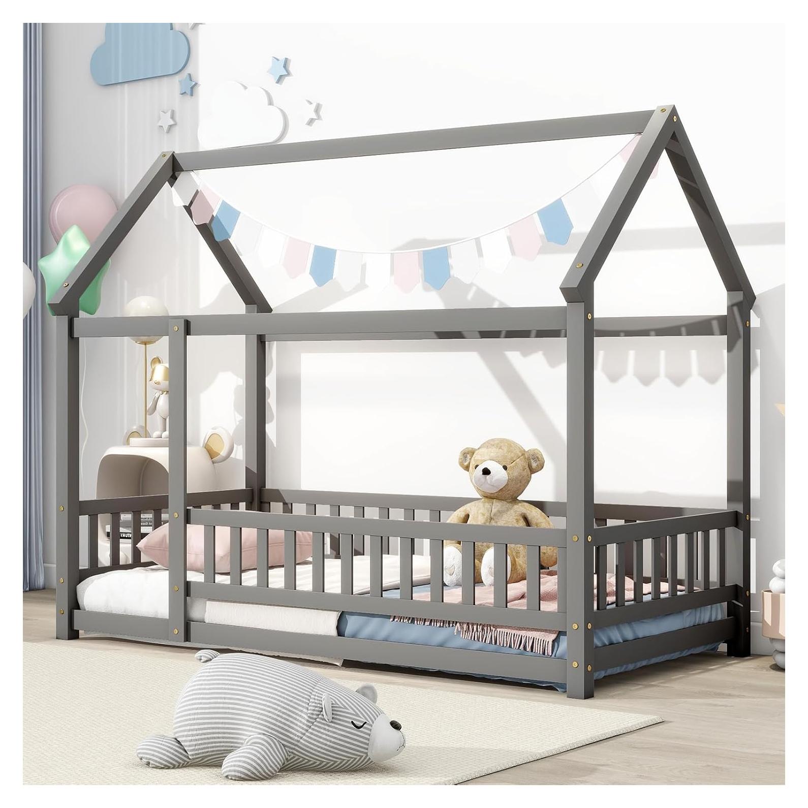 Cama Casa Montessori Tatub Twin Madera Gris con Barandillas