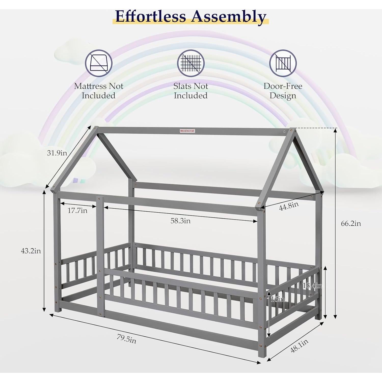 Cama Casa Montessori Tatub Twin Madera Gris con Barandillas