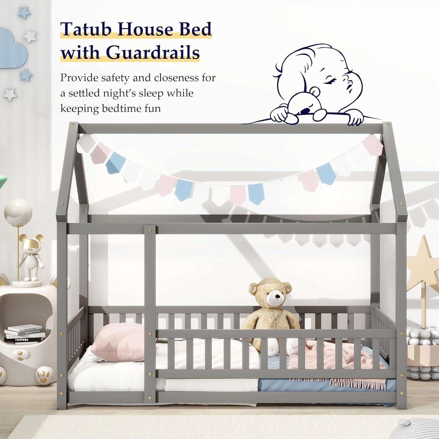 Cama Casa Montessori Tatub Twin Madera Gris con Barandillas