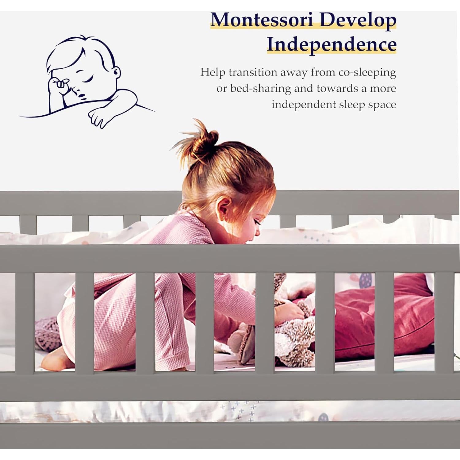 Cama Casa Montessori Tatub Twin Madera Gris con Barandillas