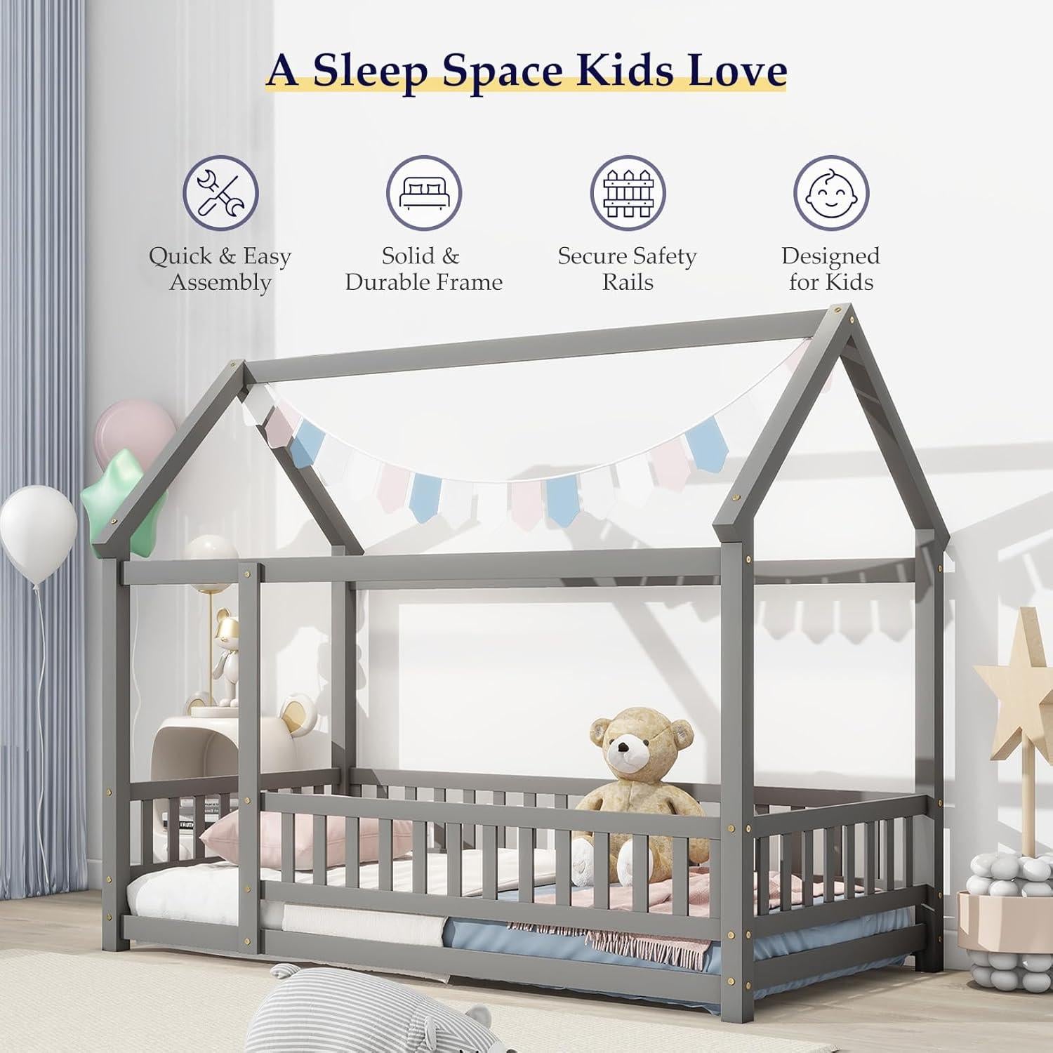 Cama Casa Montessori Tatub Twin Madera Gris con Barandillas