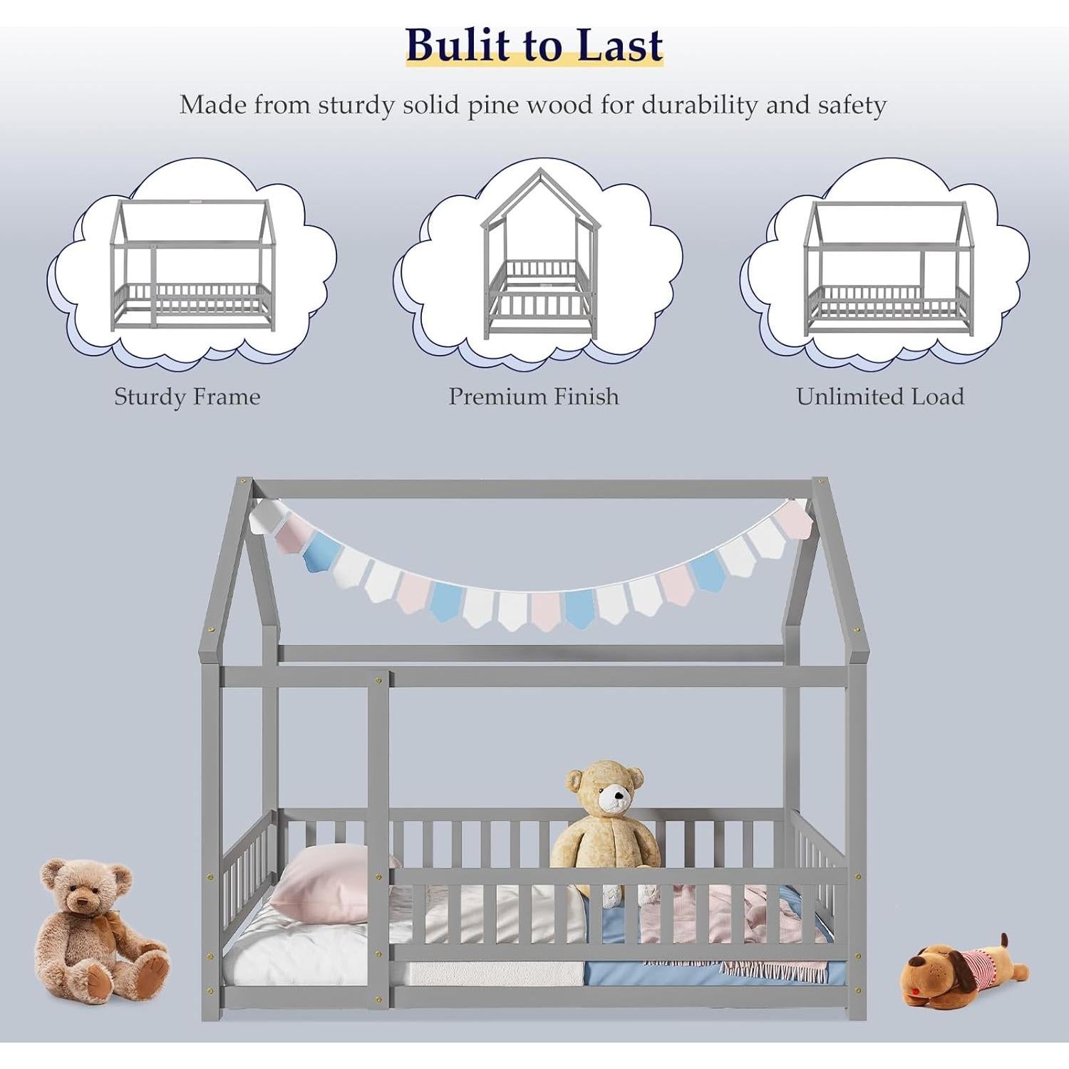 Cama Casa Montessori Tatub Twin Madera Gris con Barandillas