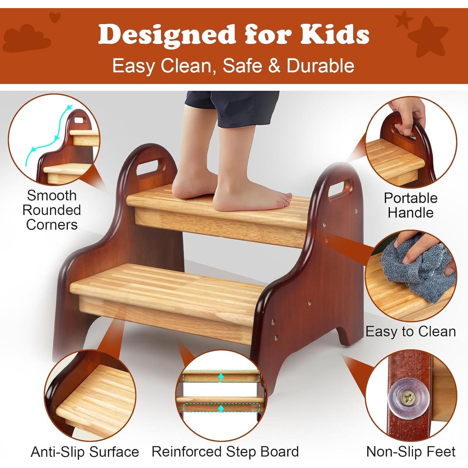 Escalón de 2 Pasos StrongTek de Madera de Caucho para Niños