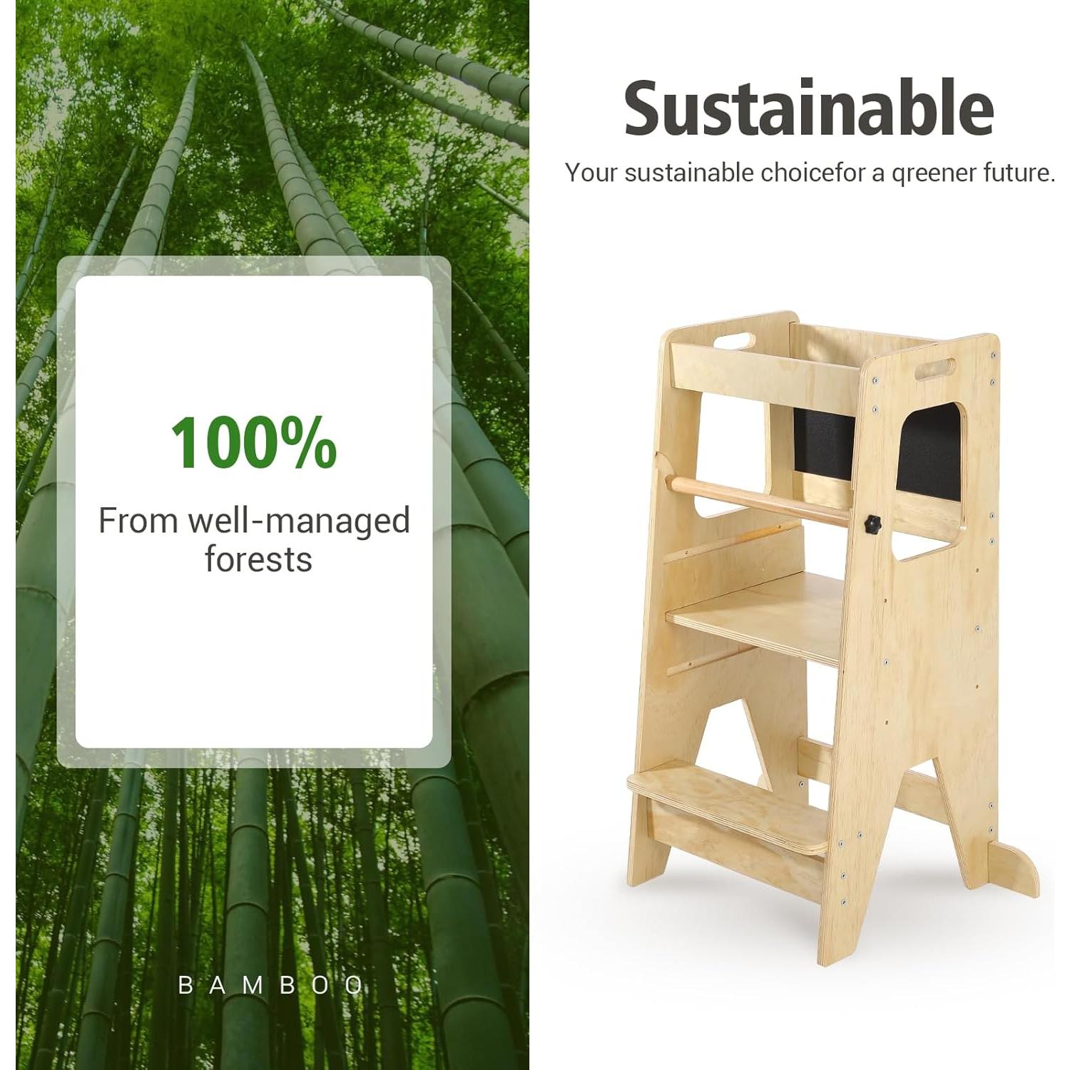 Taburete de Cocina para Niños PioneerWorks de Bambú Ajustable