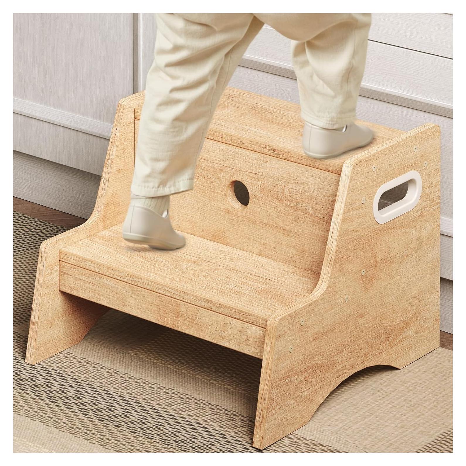 Taburete Infantil HOOBRO de Madera Natural 2 Pasos Antideslizante