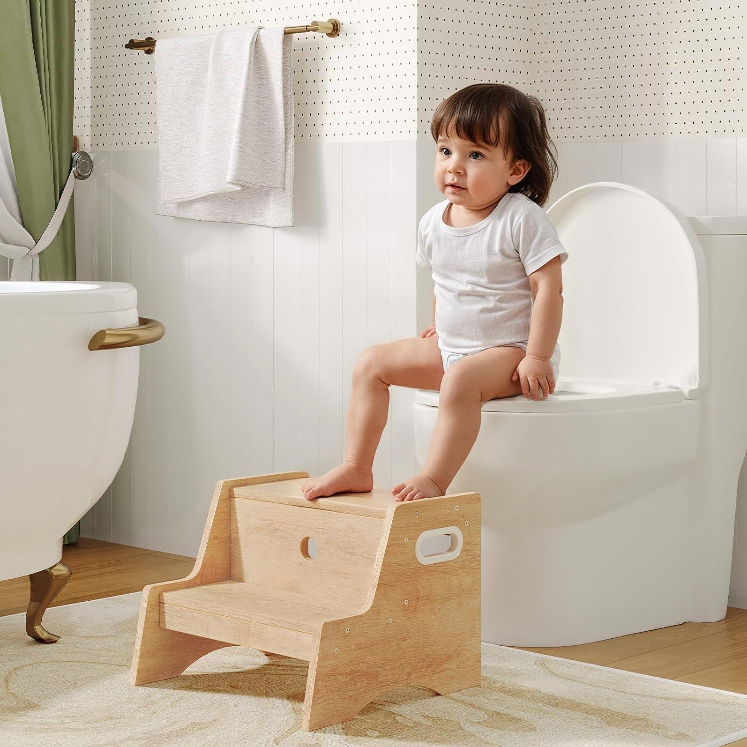 Taburete Infantil HOOBRO de Madera Natural 2 Pasos Antideslizante