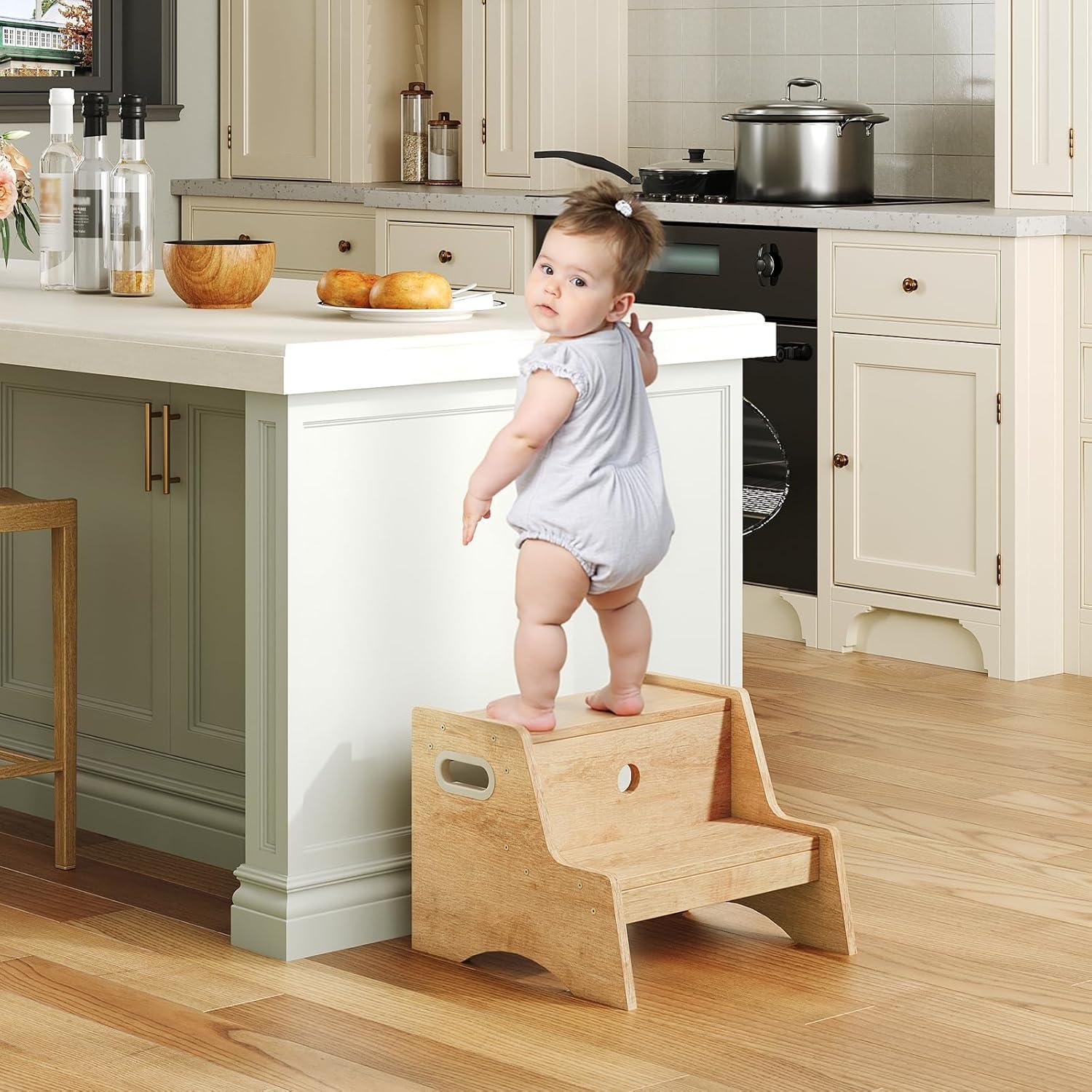 Taburete Infantil HOOBRO de Madera Natural 2 Pasos Antideslizante