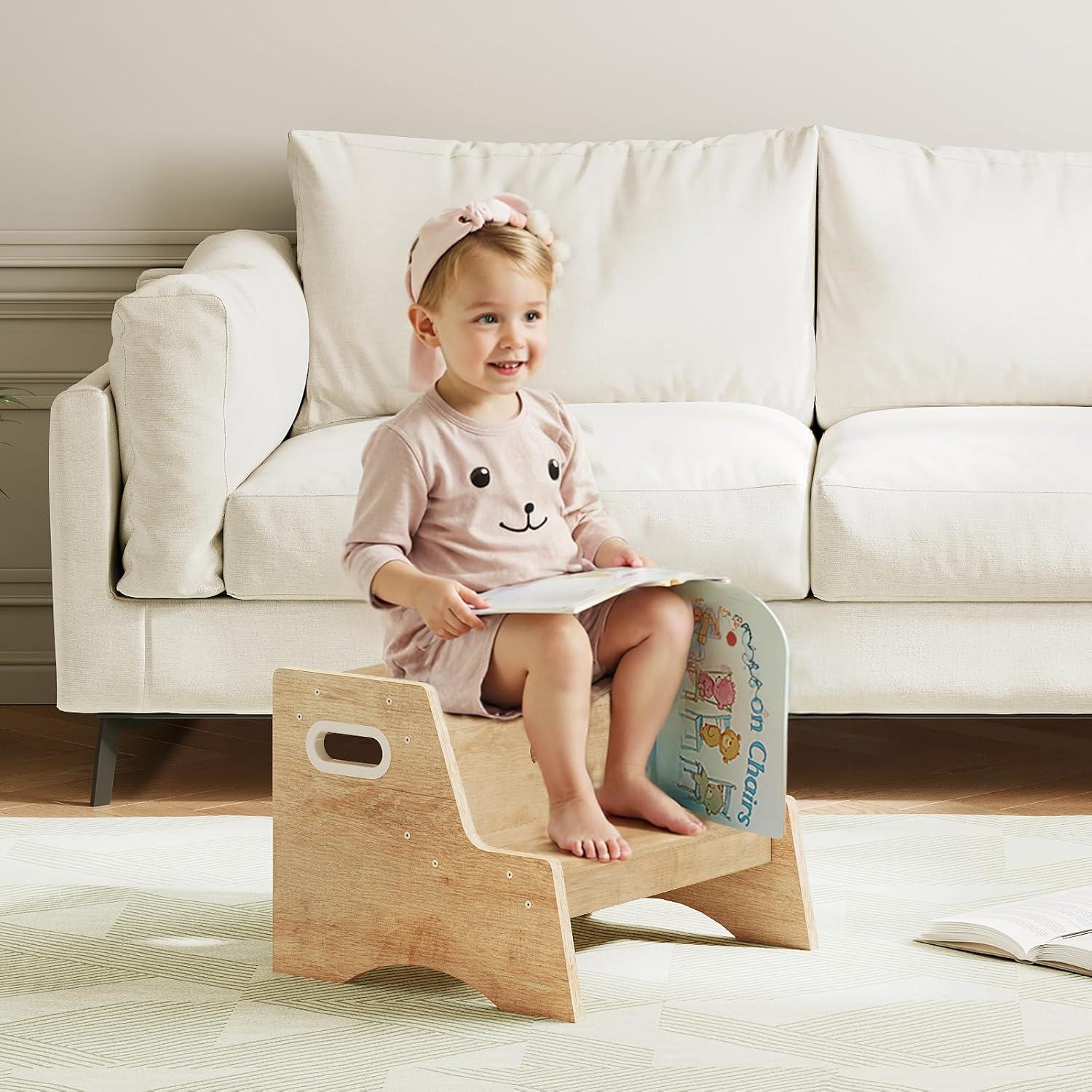 Taburete Infantil HOOBRO de Madera Natural 2 Pasos Antideslizante