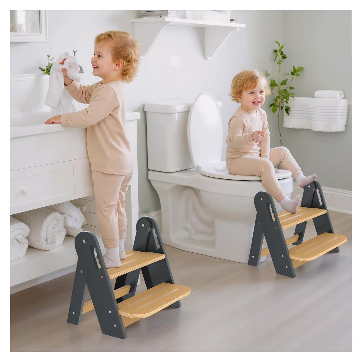 Escalera de Madera Bonbay 2 Pasos Plegable Antideslizante Gris