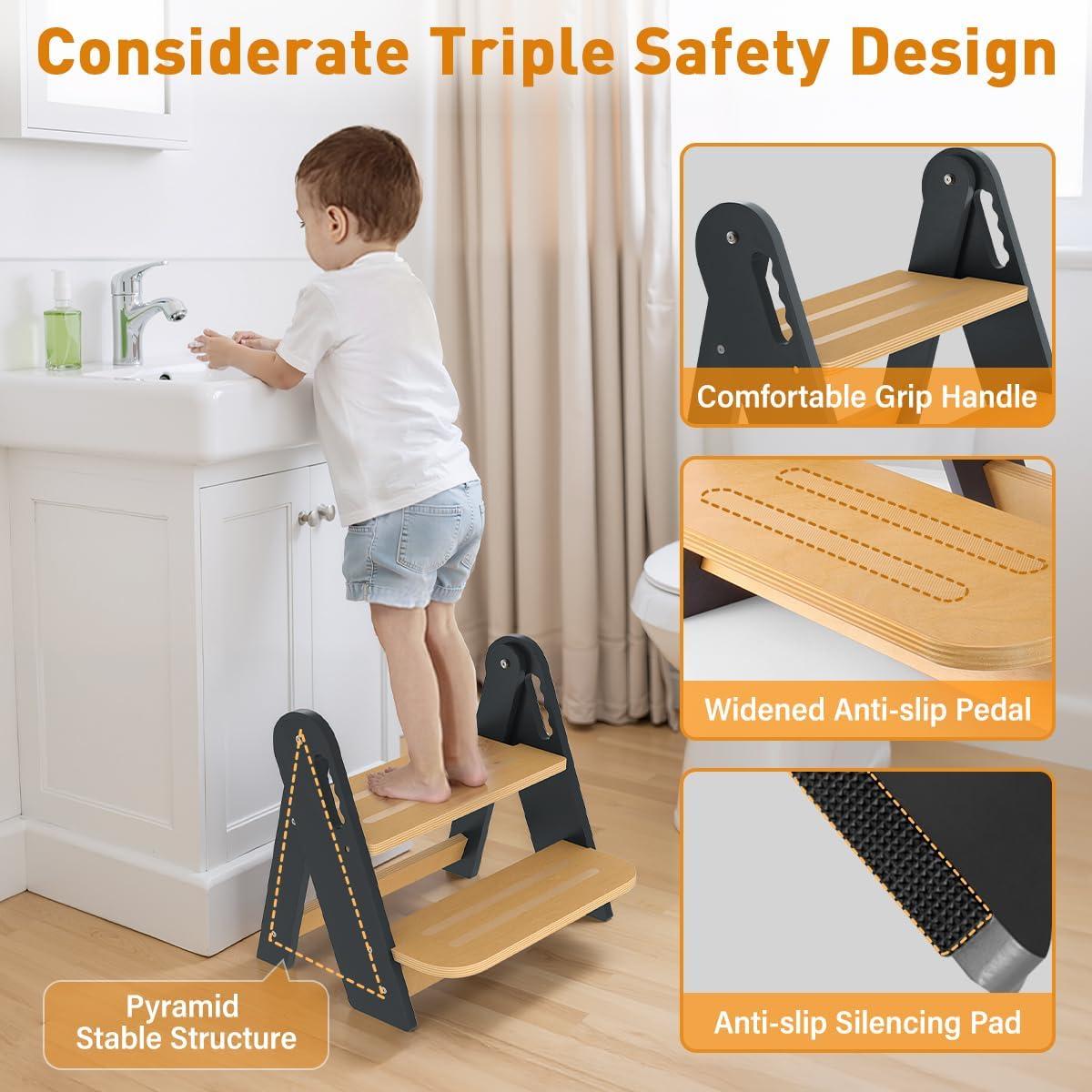 Escalera de Madera Bonbay 2 Pasos Plegable Antideslizante Gris