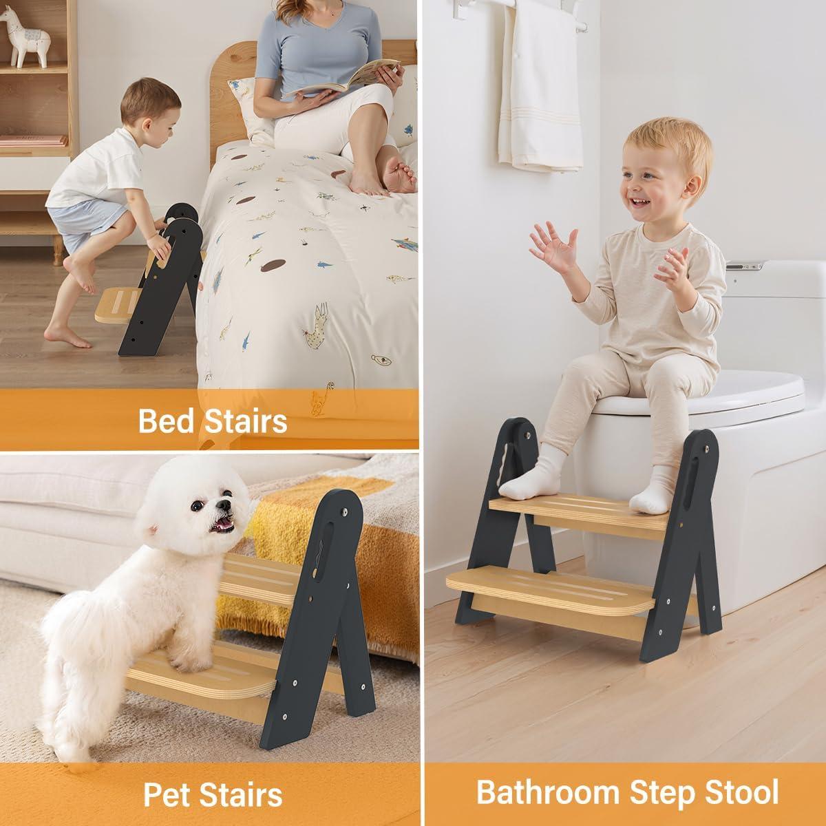 Escalera de Madera Bonbay 2 Pasos Plegable Antideslizante Gris