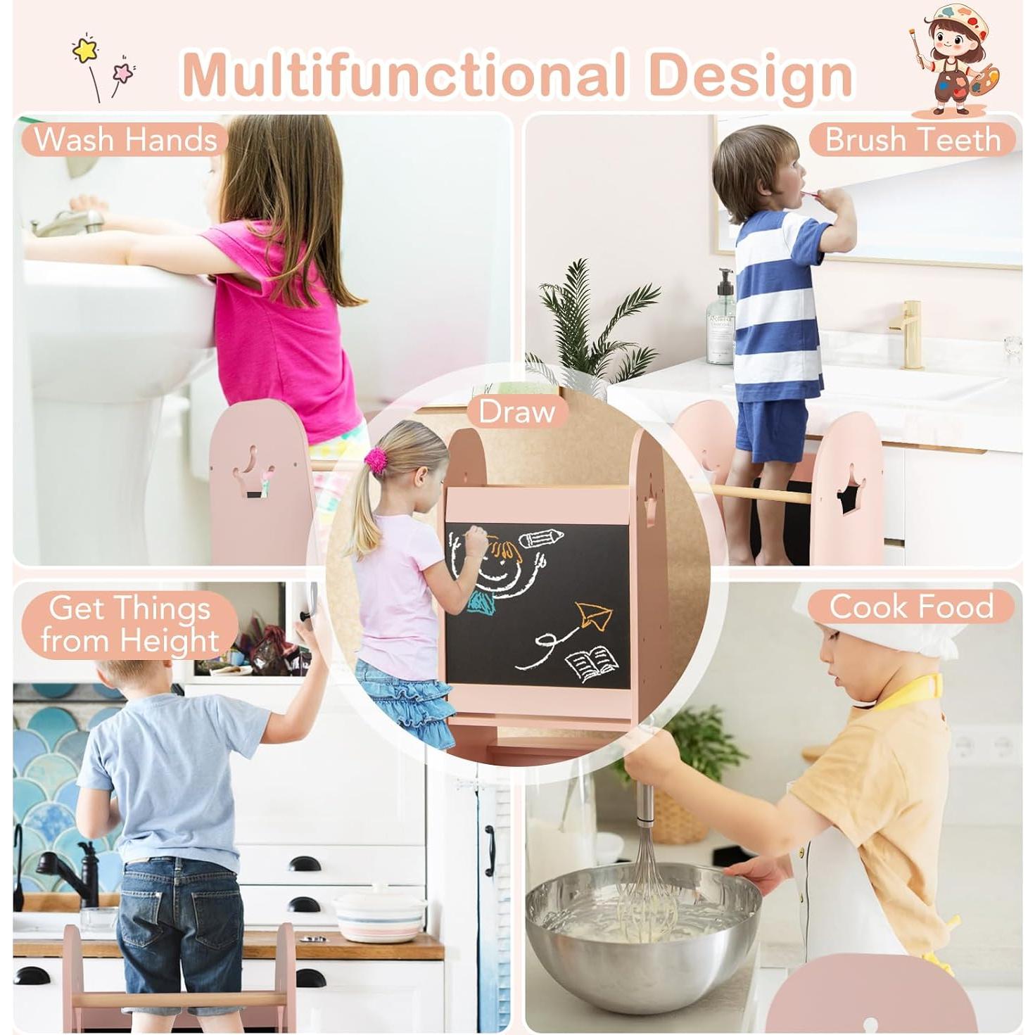 Taburete de Cocina para Niños HONEY JOY Rosa Ajustable 3 Alturas