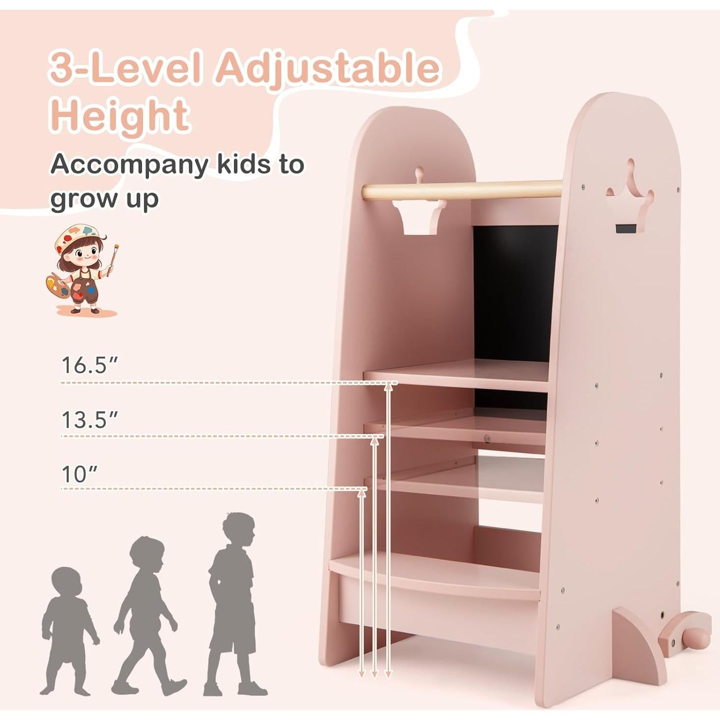 Taburete de Cocina para Niños HONEY JOY Rosa Ajustable 3 Alturas