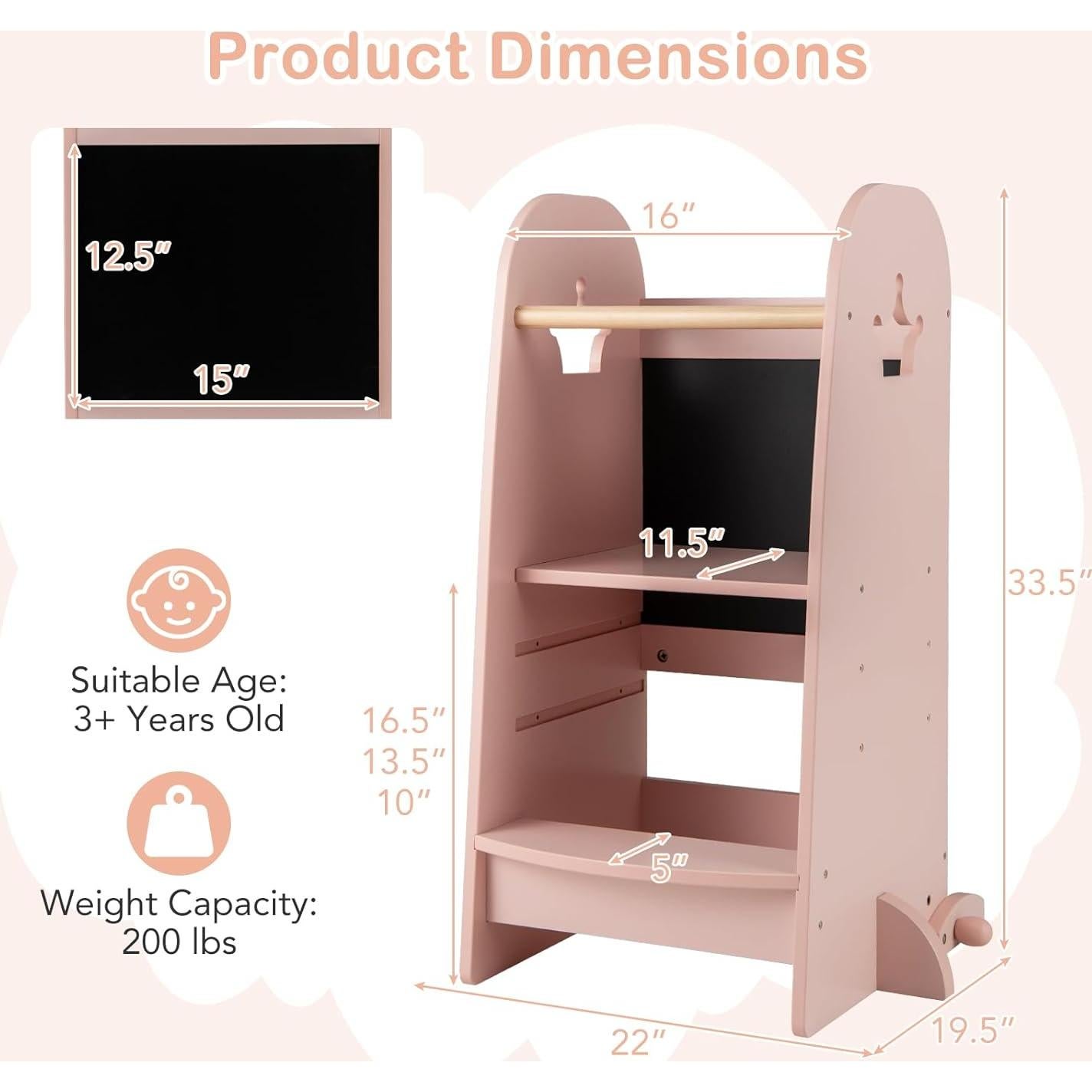 Taburete de Cocina para Niños HONEY JOY Rosa Ajustable 3 Alturas