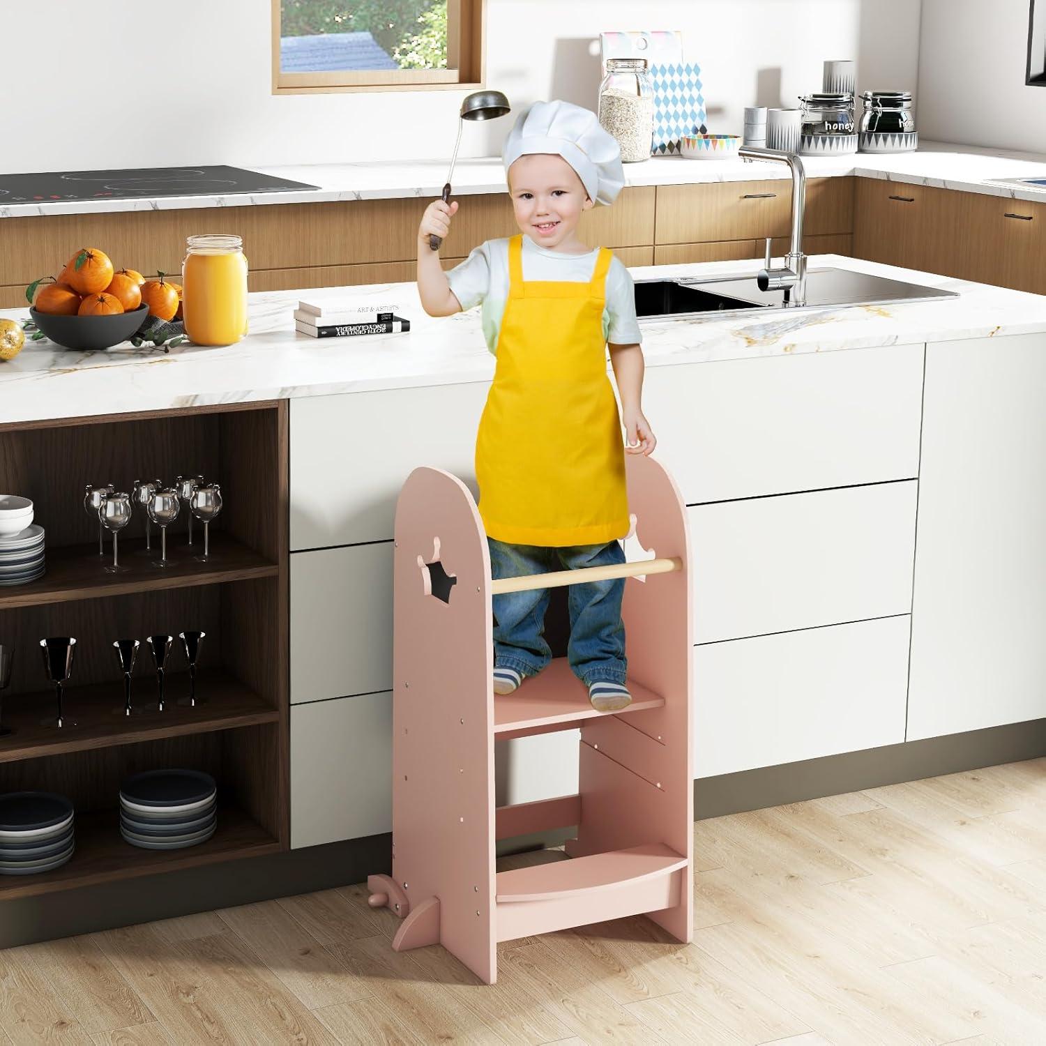 Taburete de Cocina para Niños HONEY JOY Rosa Ajustable 3 Alturas